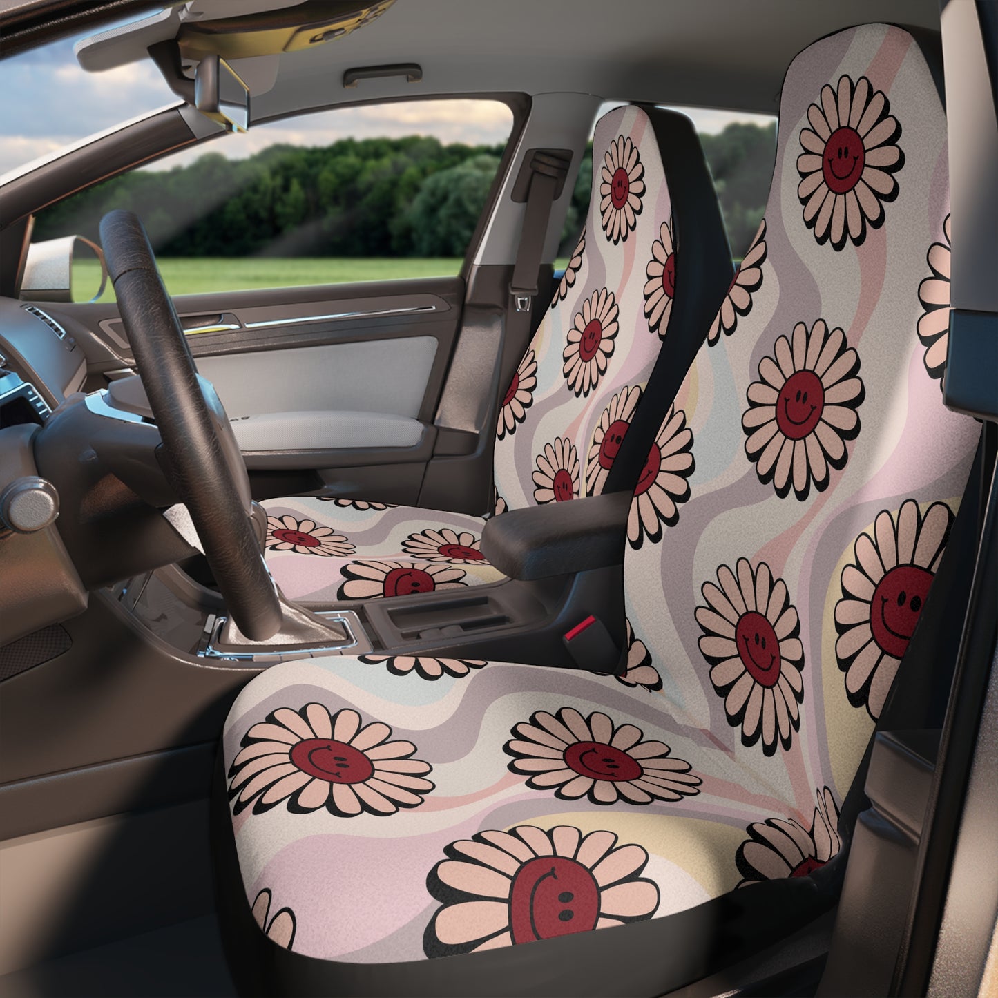Pink & Maroon Red Smiley Daisy Flower 60's Print Car Seat Covers