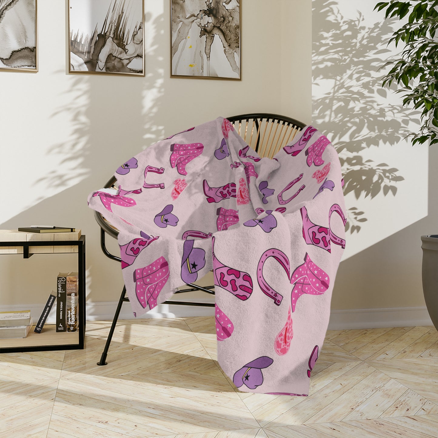 Pink Purple Cowgirl Hat & Boots Pattern Velvet Microfiber Blanket