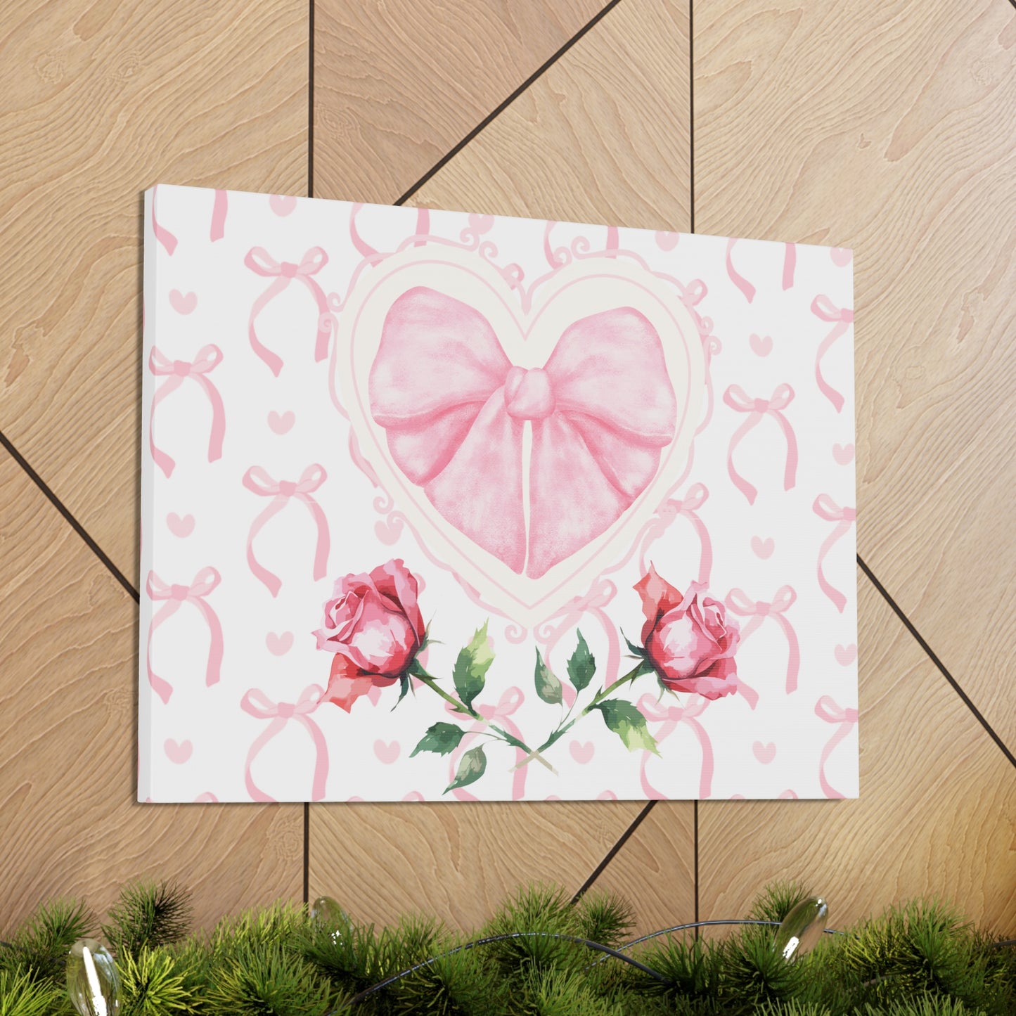 Pink & White Coquette Heart Bow with Rose Wrapped Gallery Canvas Art - Multiple Sizes