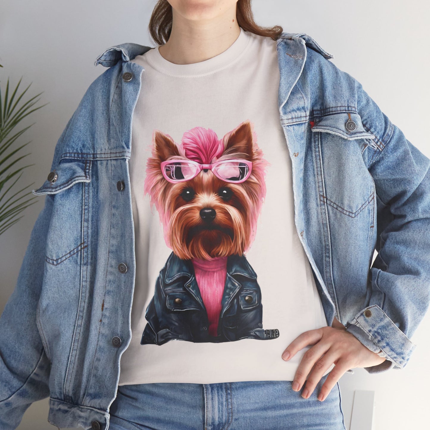 Preppy Pink Biker Yorkie Puppy Women's Plus Cotton Short Sleeved Tee Size xl-5xl