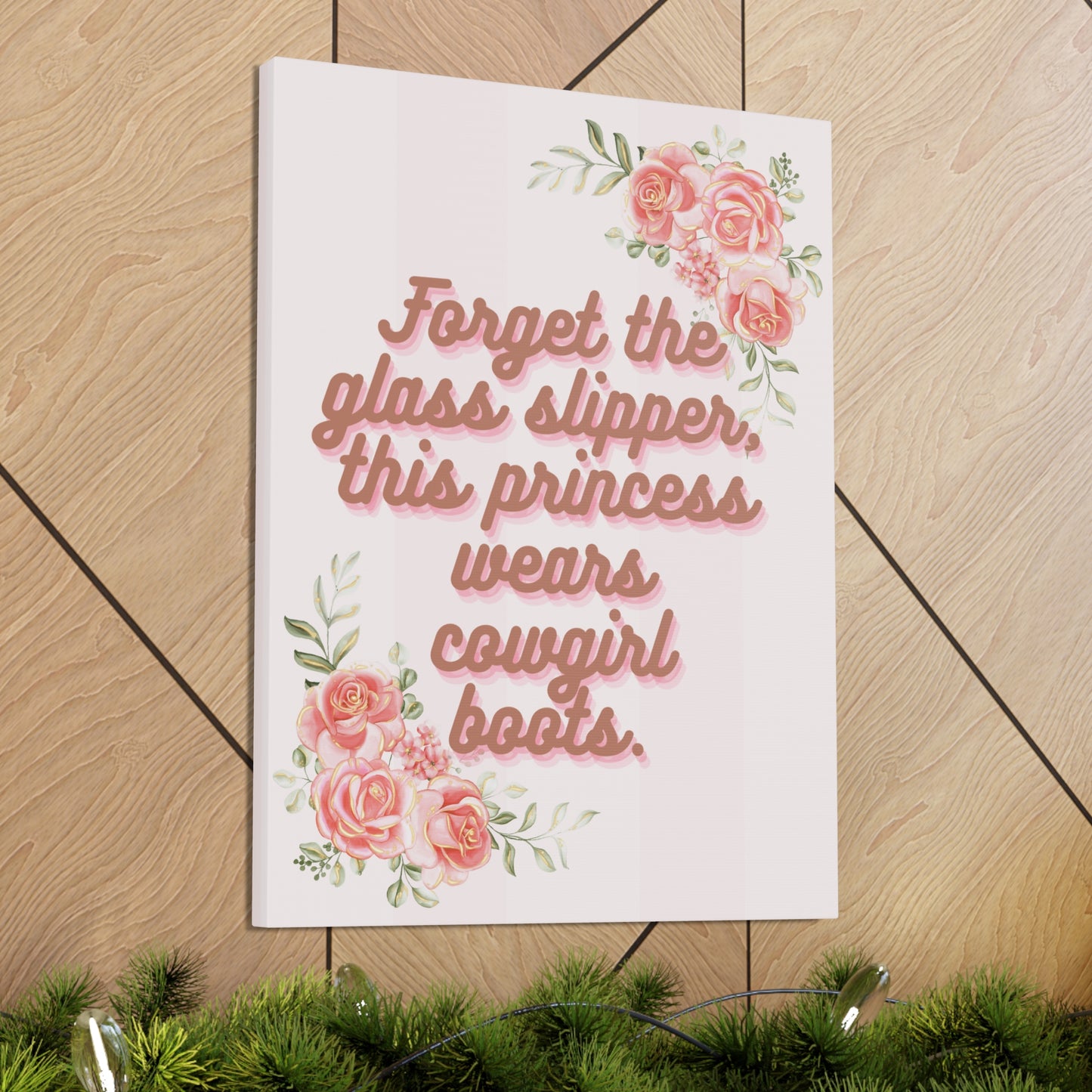 Pink Coquette Cowgirl Princess Glass Slippers Cowgirl Boots Pink Rose Canvas Wrapped Art Multiple Sizes