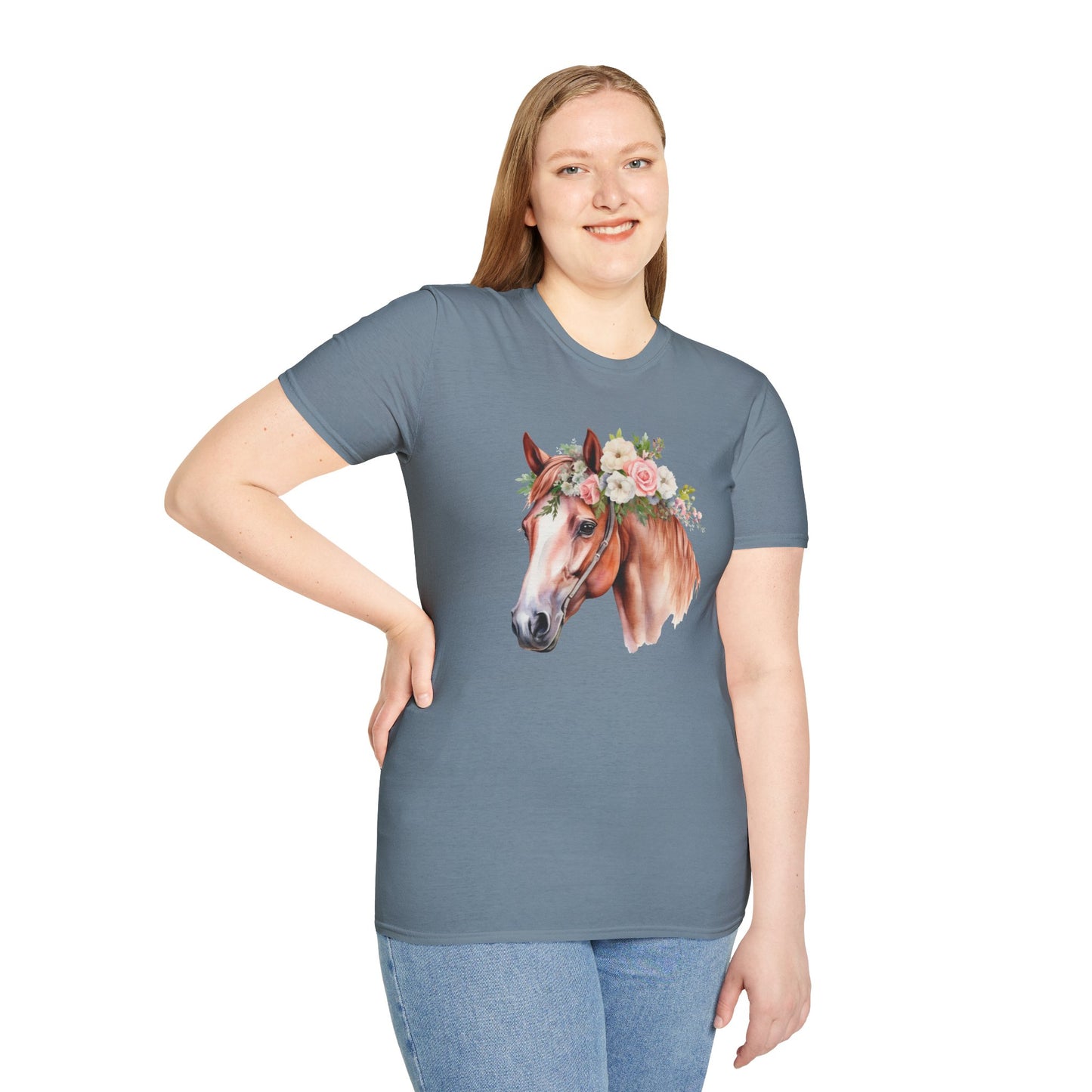 Pink Rose Flower Horse Princess Women's Plus Cotton Short Sleeved Tee Size xl-5xl