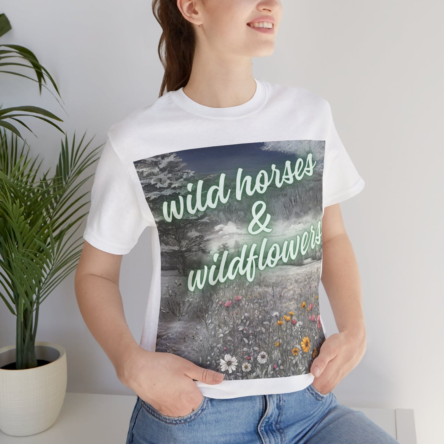 Wild Horses & Wildflowers Country Cowgirl Women's Jersey Short Sleeved Tee Size S-2xl
