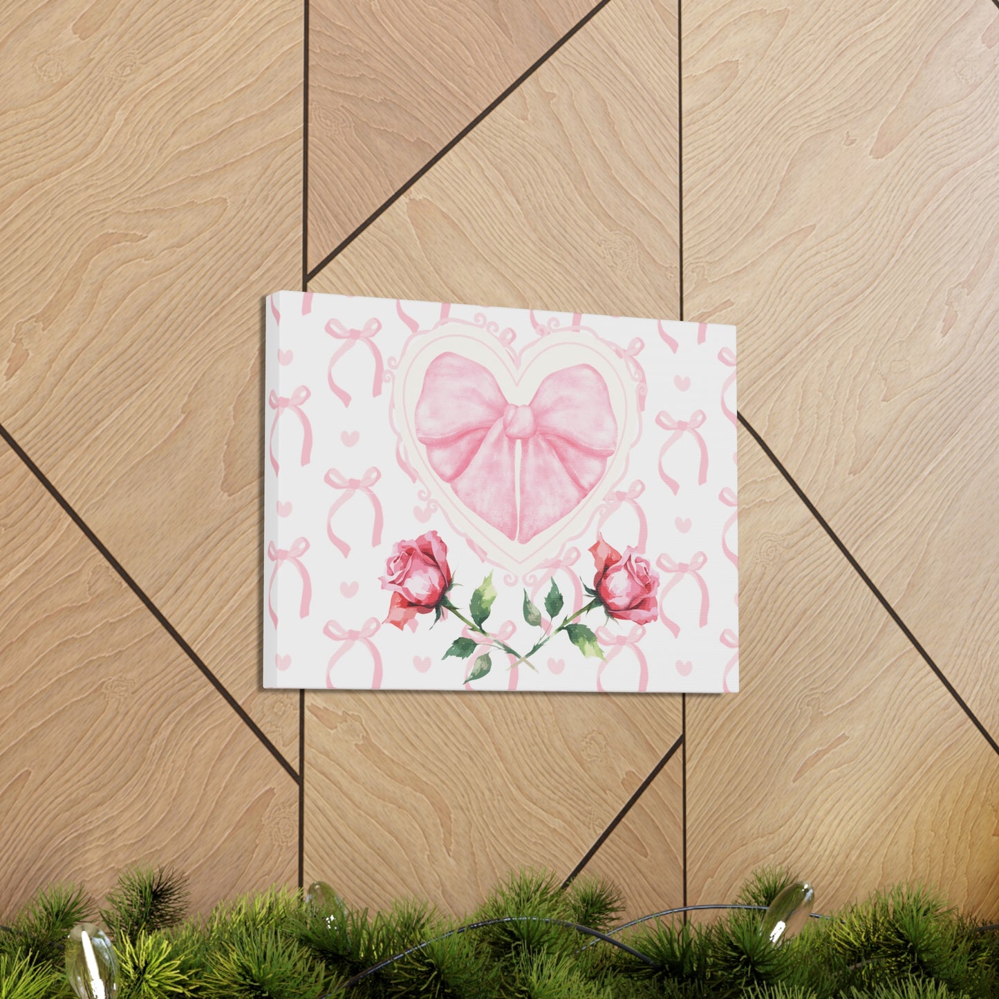 Pink & White Coquette Heart Bow with Rose Wrapped Gallery Canvas Art - Multiple Sizes