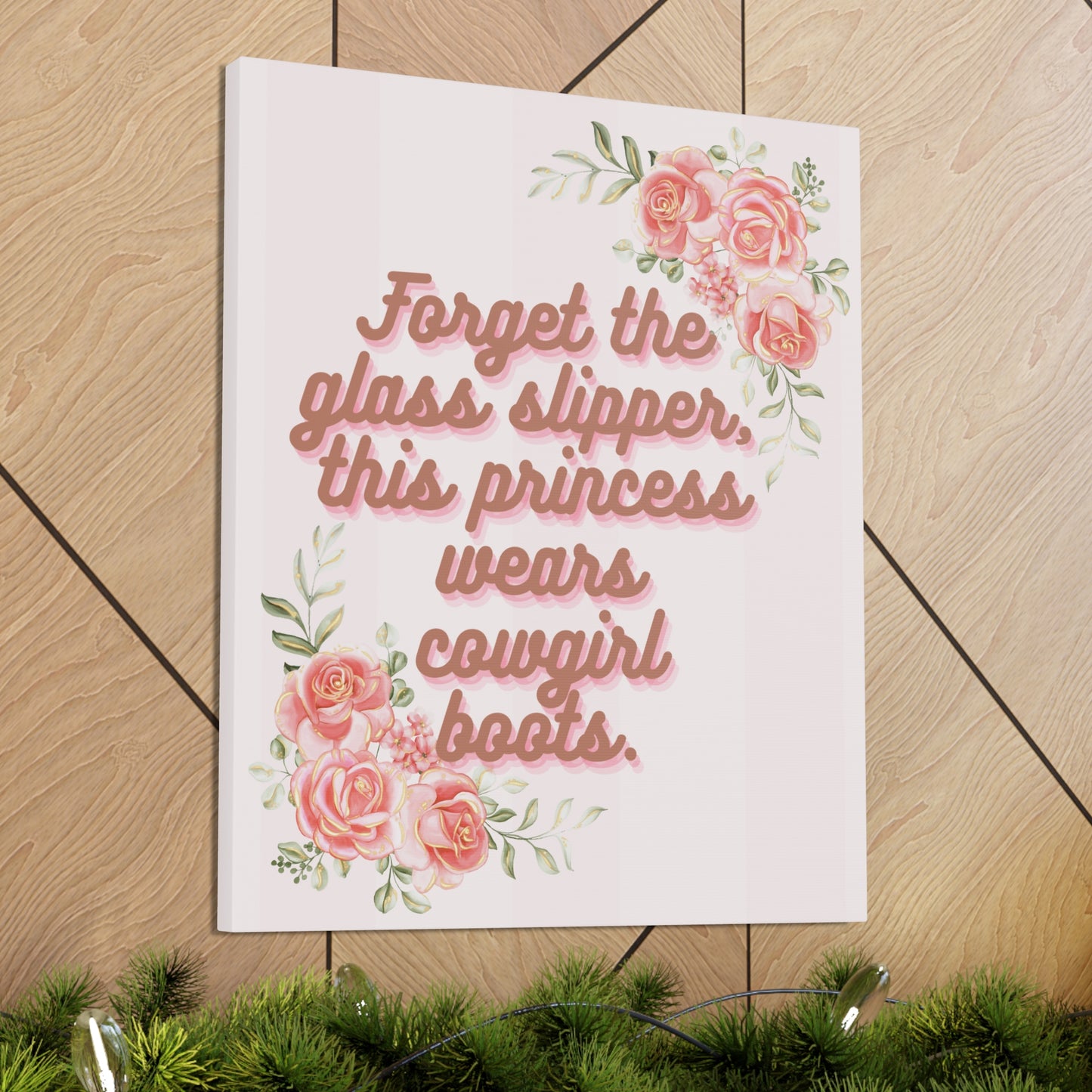 Pink Coquette Cowgirl Princess Glass Slippers Cowgirl Boots Pink Rose Canvas Wrapped Art Multiple Sizes