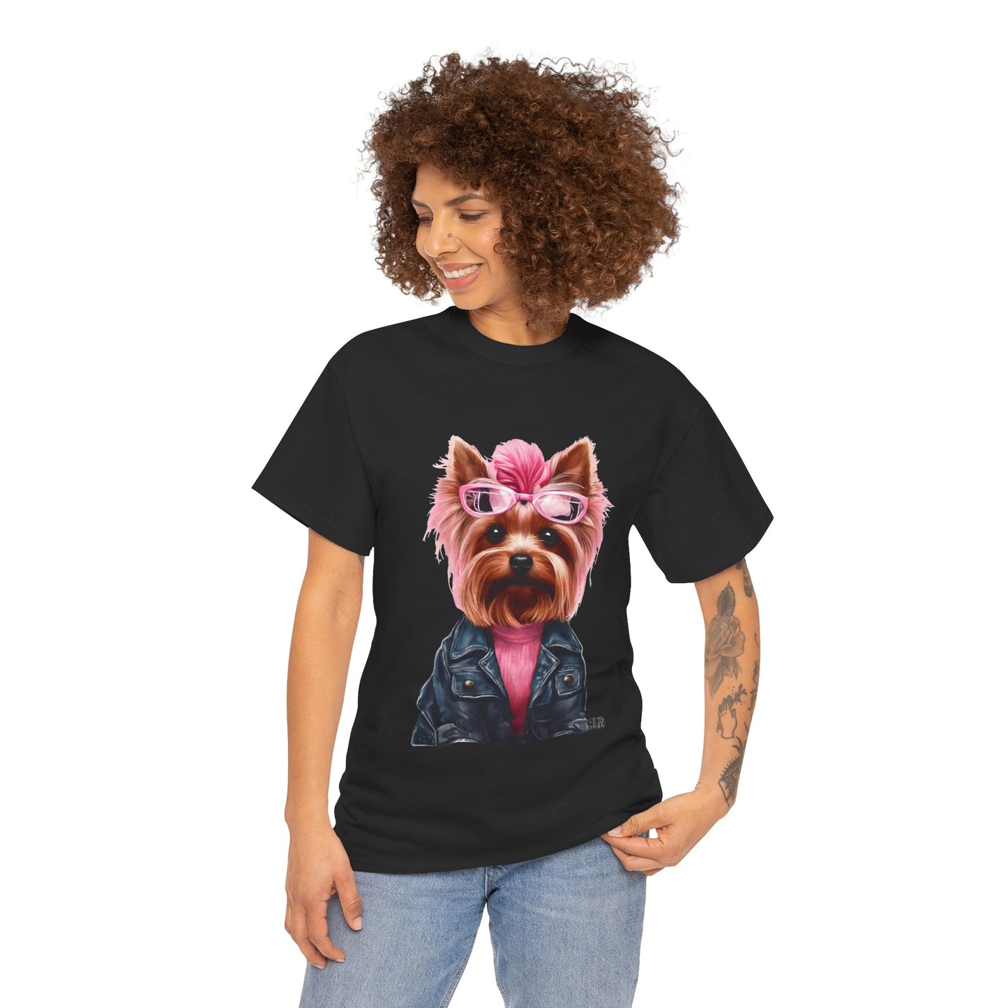 Preppy Pink Biker Yorkie Puppy Women's Plus Cotton Short Sleeved Tee Size xl-5xl