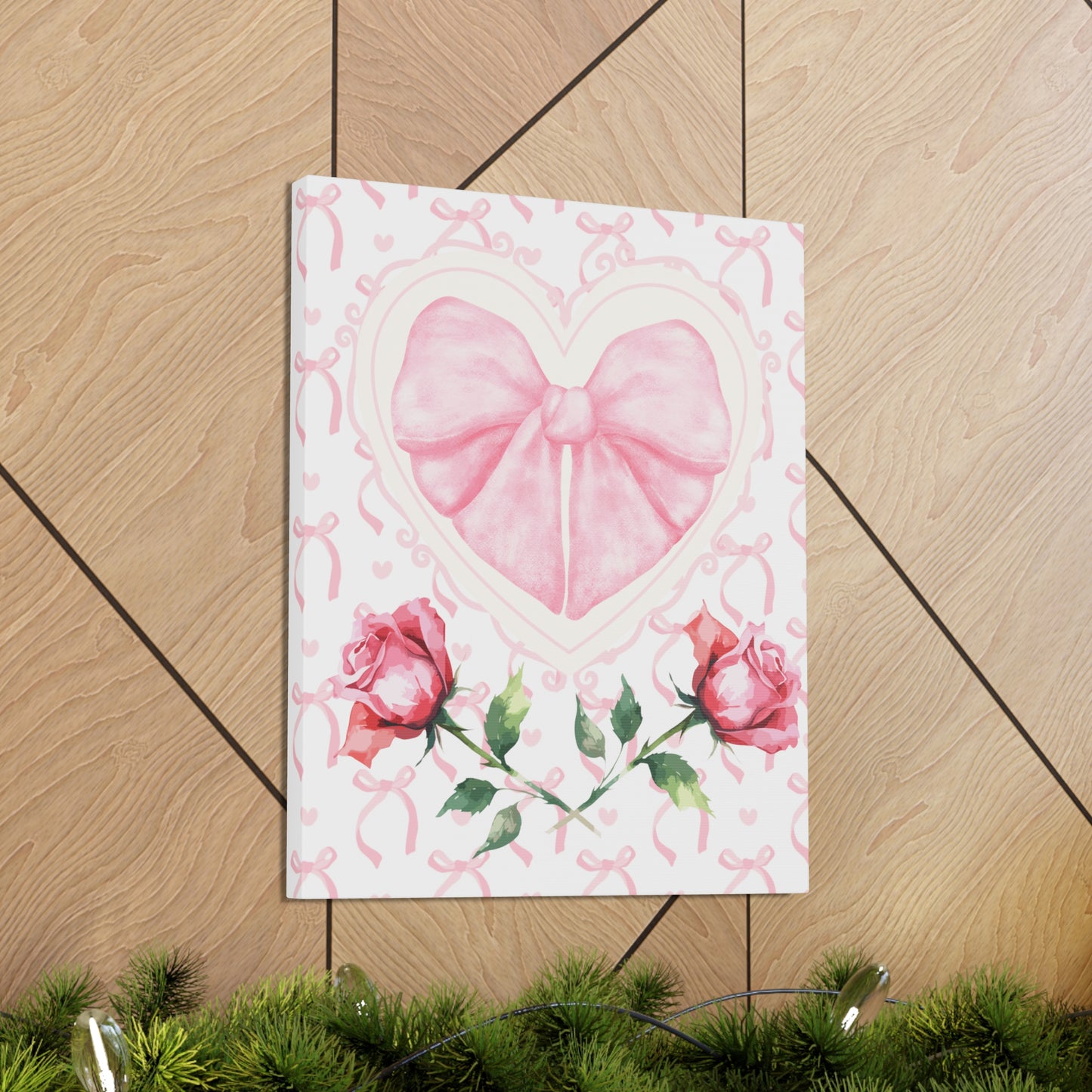 Pink & White Coquette Heart Bow with Rose Wrapped Gallery Canvas Art - Multiple Sizes