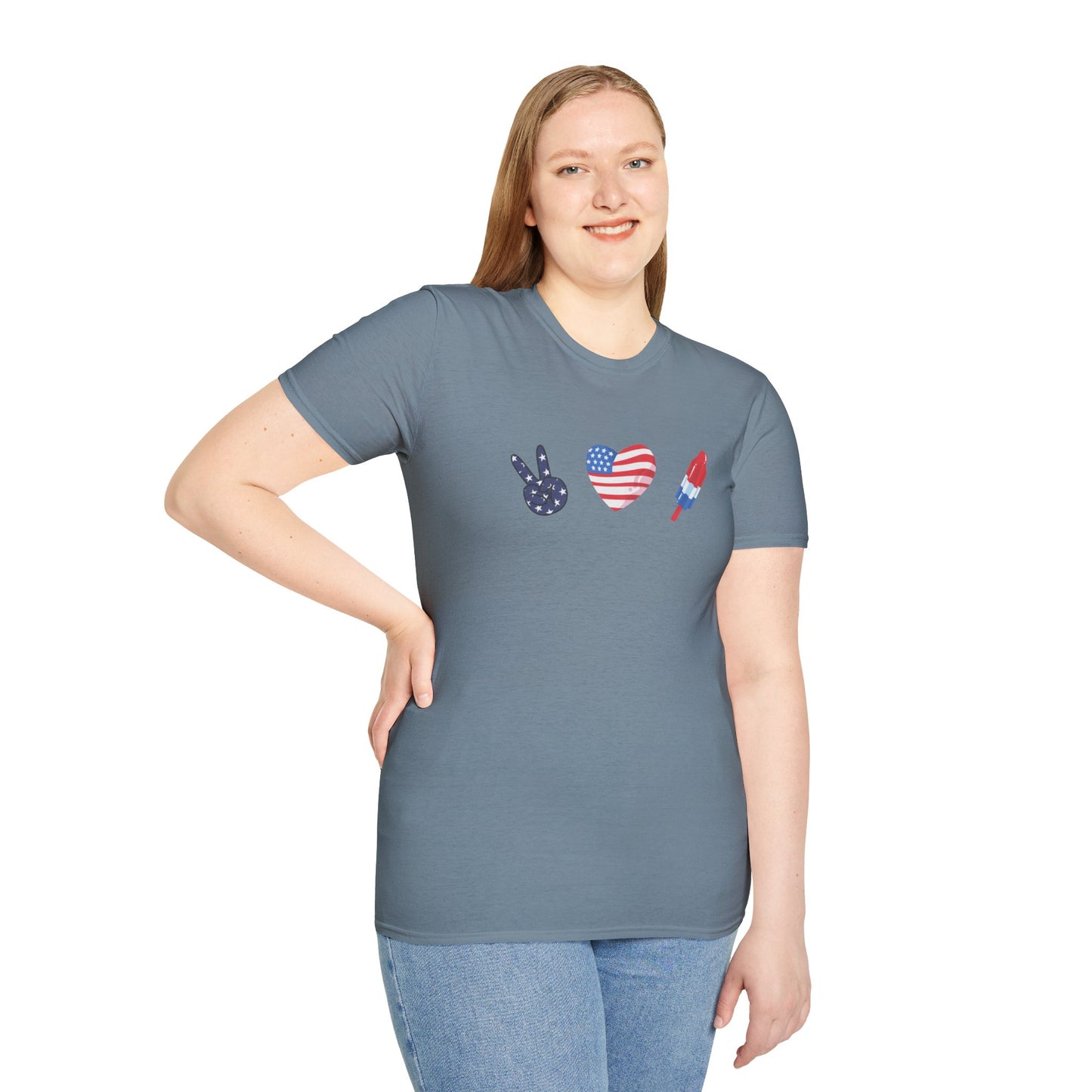 USA Peace Love Red, White & Blue 4th Women's Softstyle Plus Short Sleeve T-Shirt Sizes xl-5xl