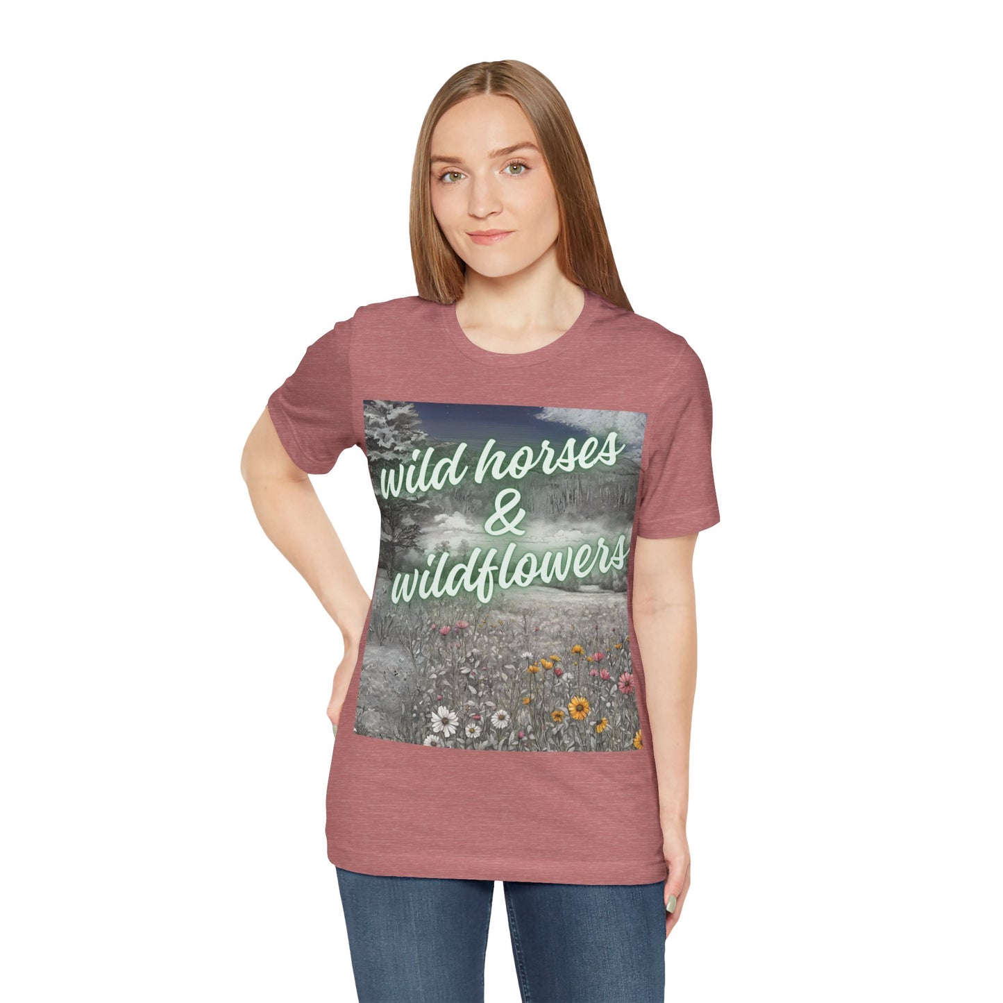 Wild Horses & Wildflowers Country Cowgirl Women's Jersey Short Sleeved Tee Size S-2xl