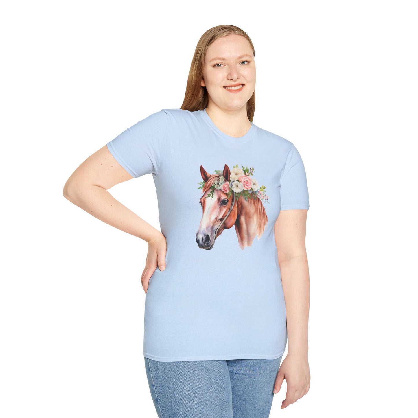Pink Rose Flower Horse Princess Women's Plus Cotton Short Sleeved Tee Size xl-5xl