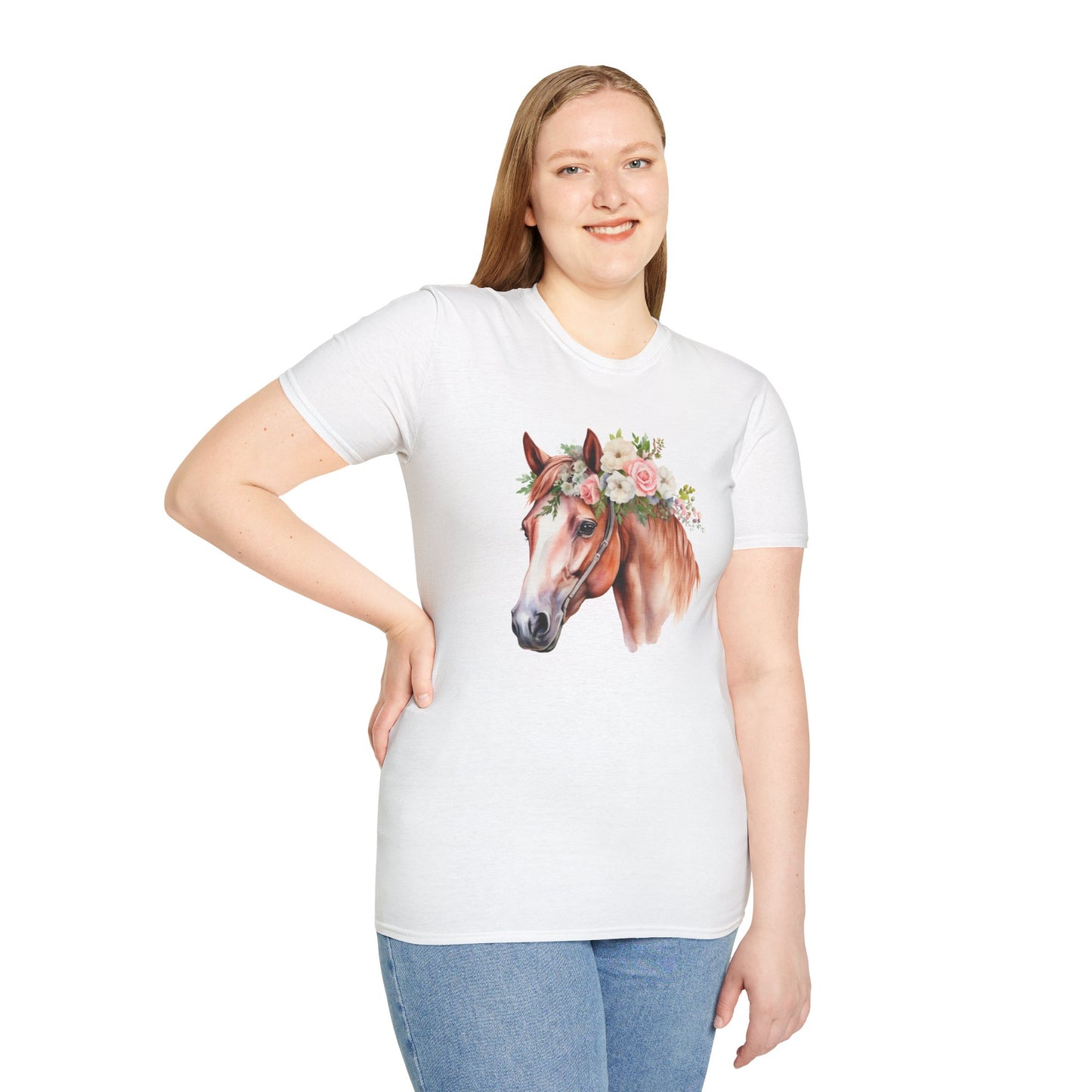 Pink Rose Flower Horse Princess Women's Plus Cotton Short Sleeved Tee Size xl-5xl