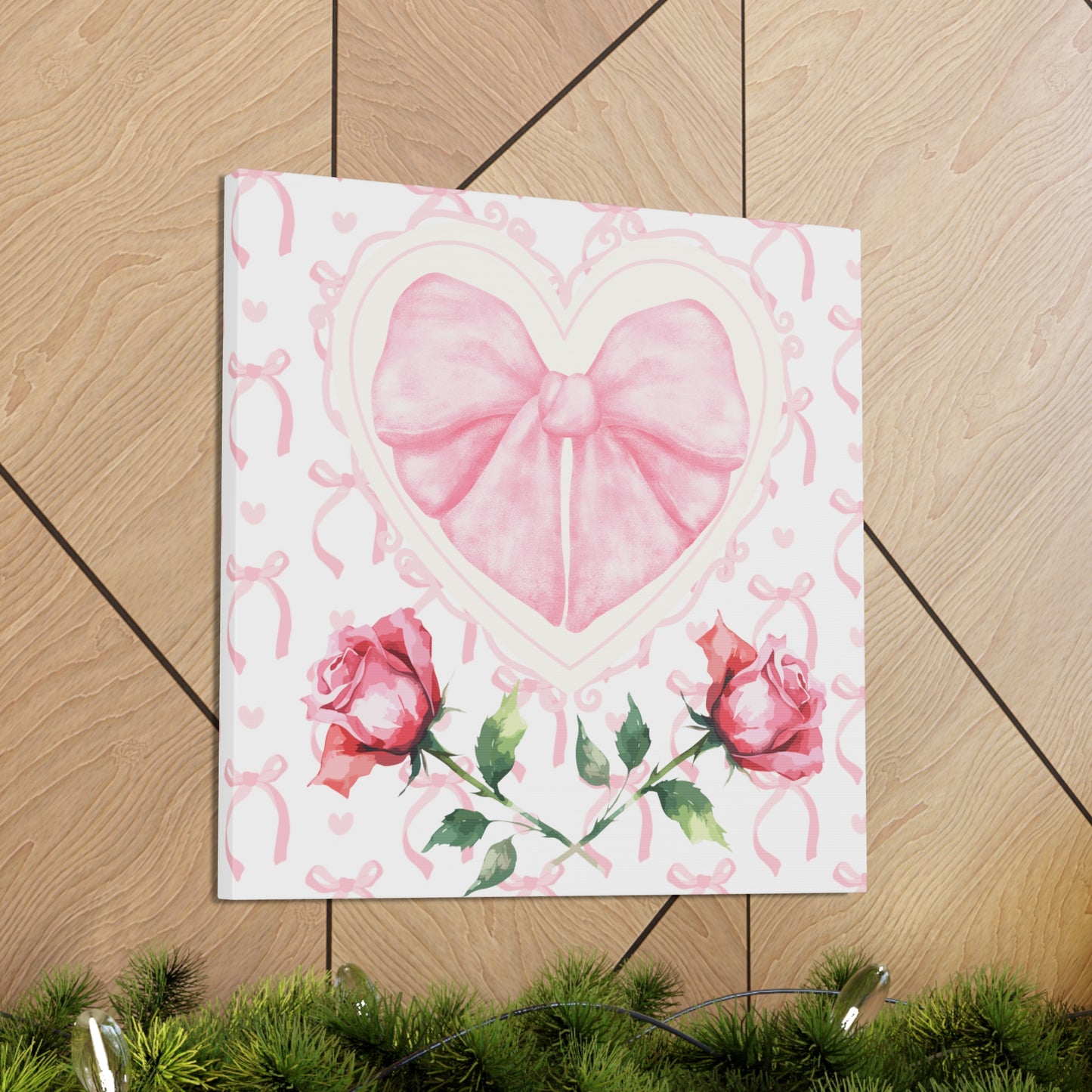 Pink & White Coquette Heart Bow with Rose Wrapped Gallery Canvas Art - Multiple Sizes