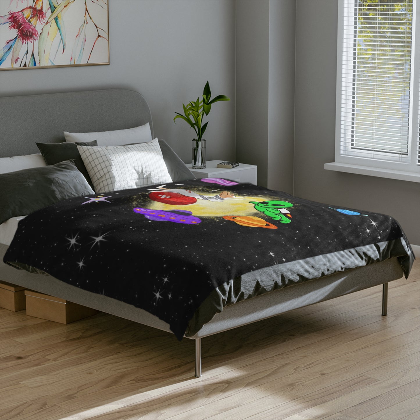 Pupelangelo Dog Astronaut & Alien Meet in Space Patterned Velveteen Microfiber Throw Blanket Multiple Sizes