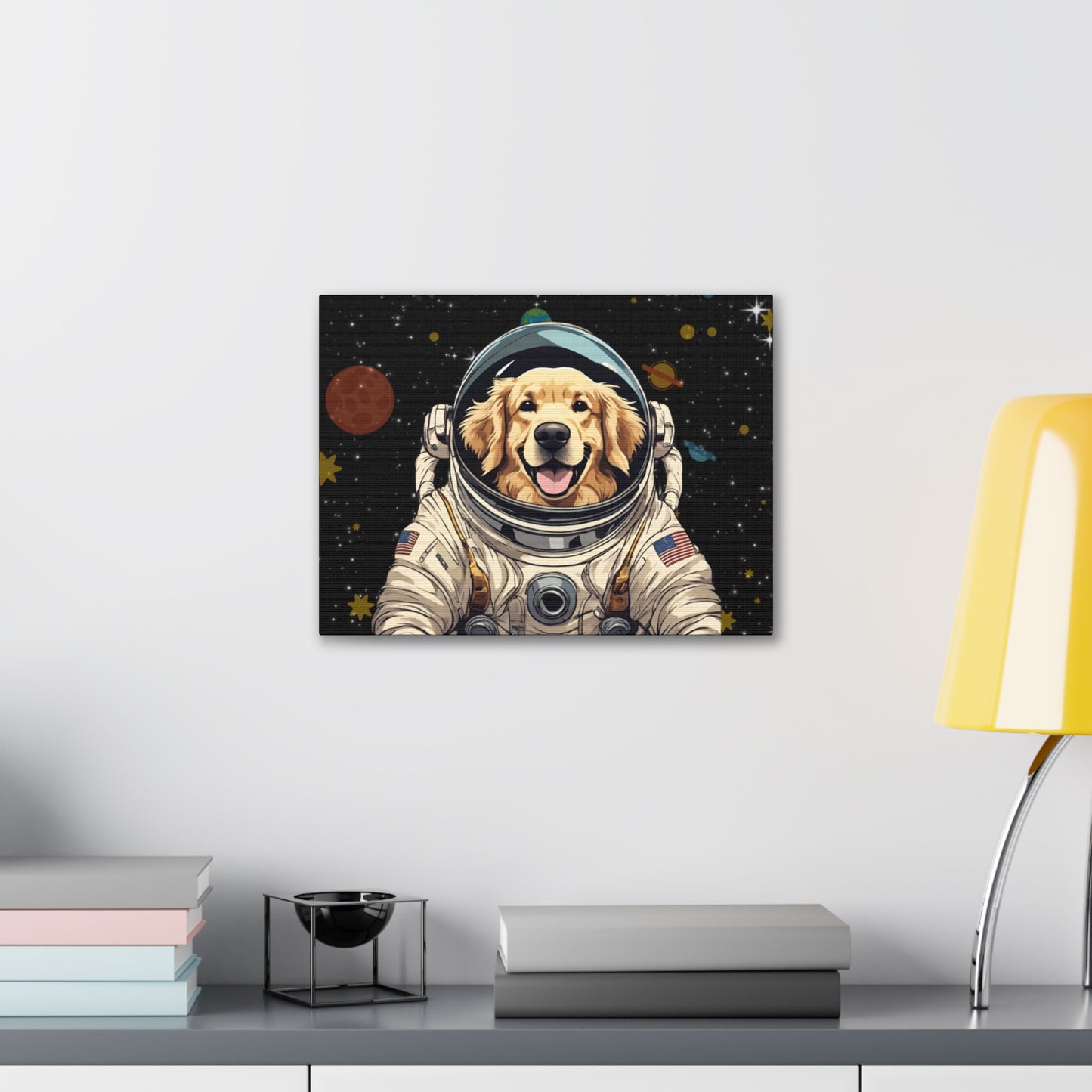 Golden Retriever Astronaut Puppy Dog in Space Canvas Wrapped Art Multiple Sizes