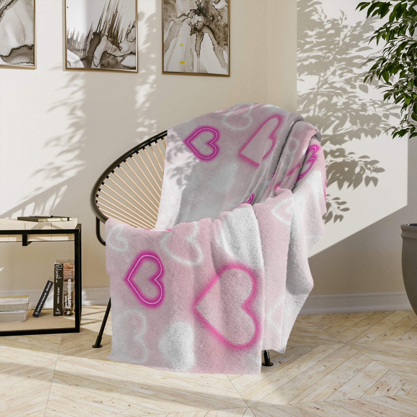 Pink Cloud and Glow Love Hearts Patterned Velveteen Microfiber Throw Blanket Multiple Sizes