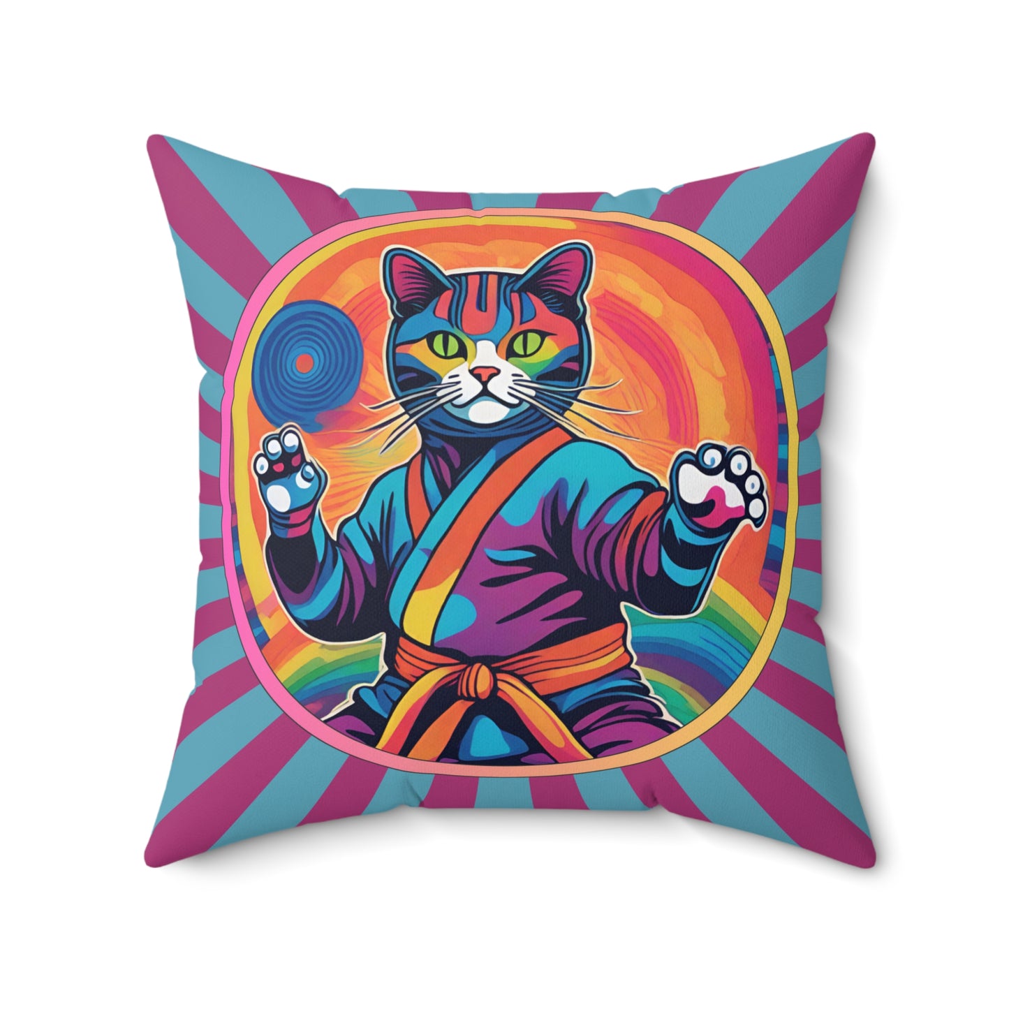 Colorful Psychedelic Ninja Karate Kitty Cat Square Double-Sided Pillow Multiple Sizes