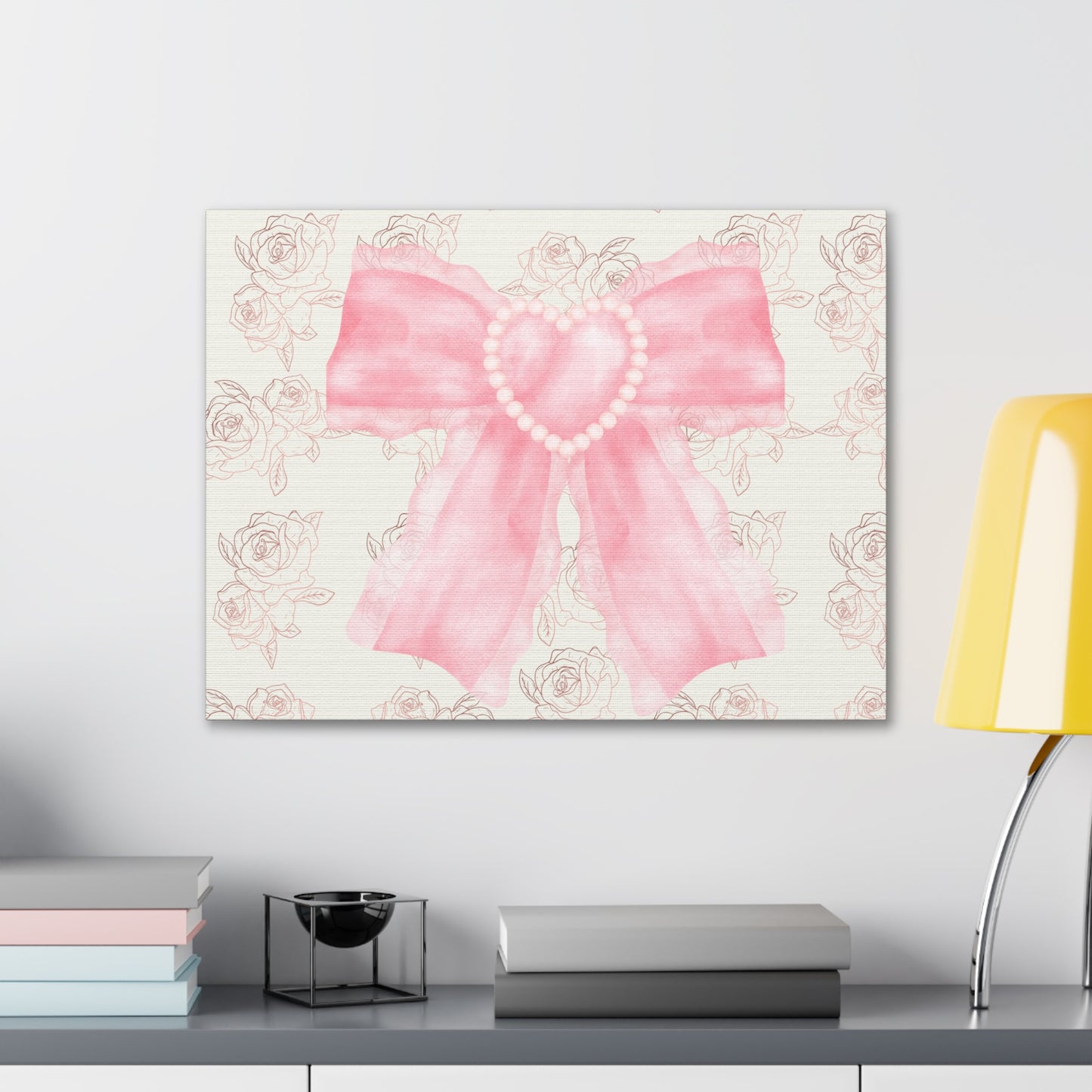 Pink & White Coquette Heart Bow Roses Wrapped Gallery Canvas Art - Multiple Sizes