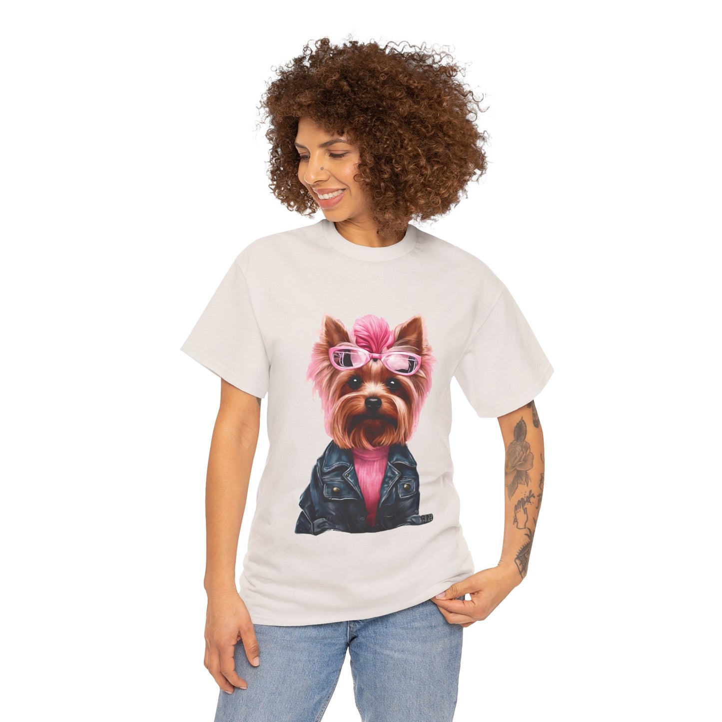 Preppy Pink Biker Yorkie Puppy Women's Plus Cotton Short Sleeved Tee Size xl-5xl