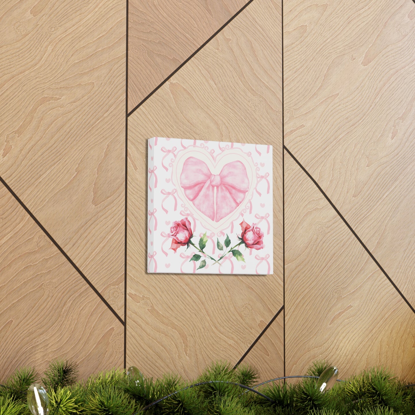 Pink & White Coquette Heart Bow with Rose Wrapped Gallery Canvas Art - Multiple Sizes