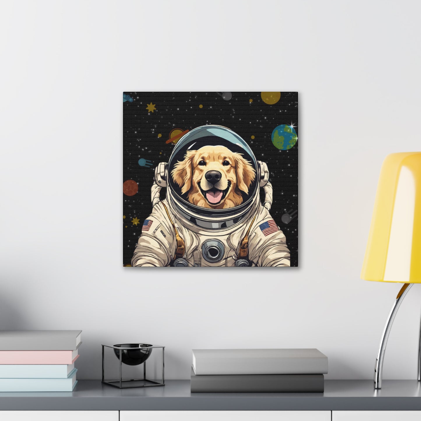 Golden Retriever Astronaut Puppy Dog in Space Canvas Wrapped Art Multiple Sizes