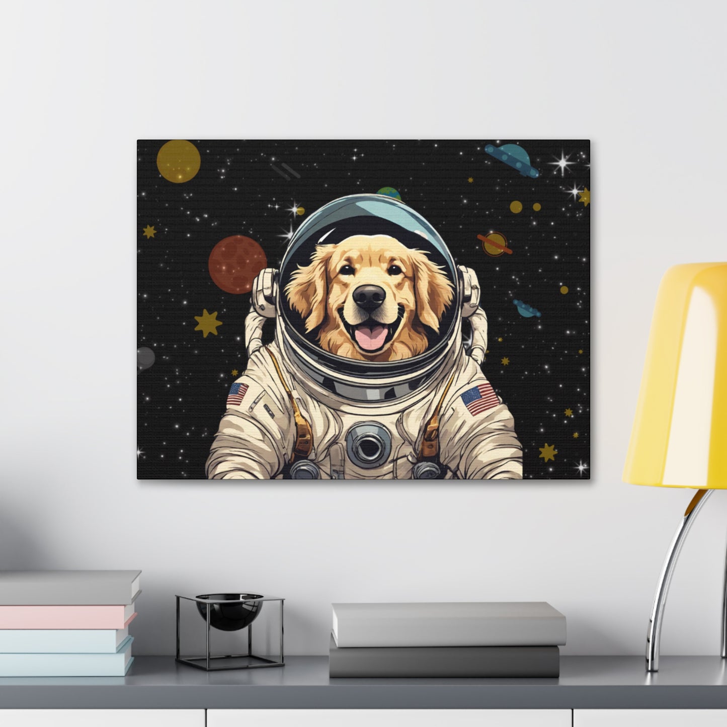 Golden Retriever Astronaut Puppy Dog in Space Canvas Wrapped Art Multiple Sizes