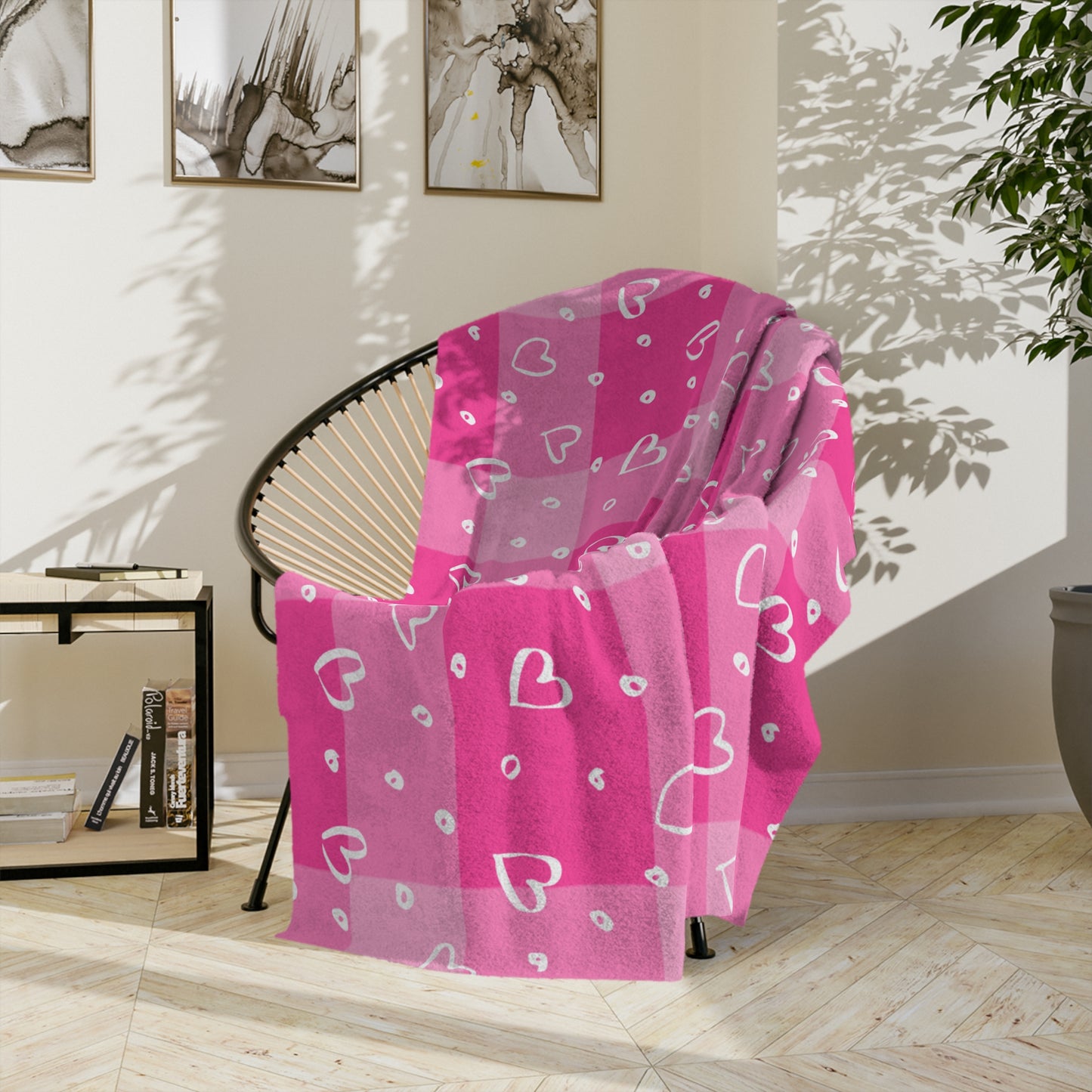 Pink & White Plaid Heart Patterned Velveteen Microfiber Throw Blanket Multiple Sizes