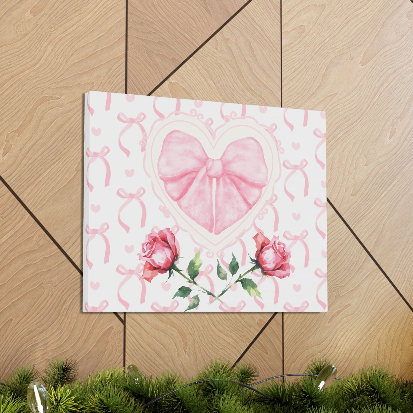 Pink & White Coquette Heart Bow with Rose Wrapped Gallery Canvas Art - Multiple Sizes