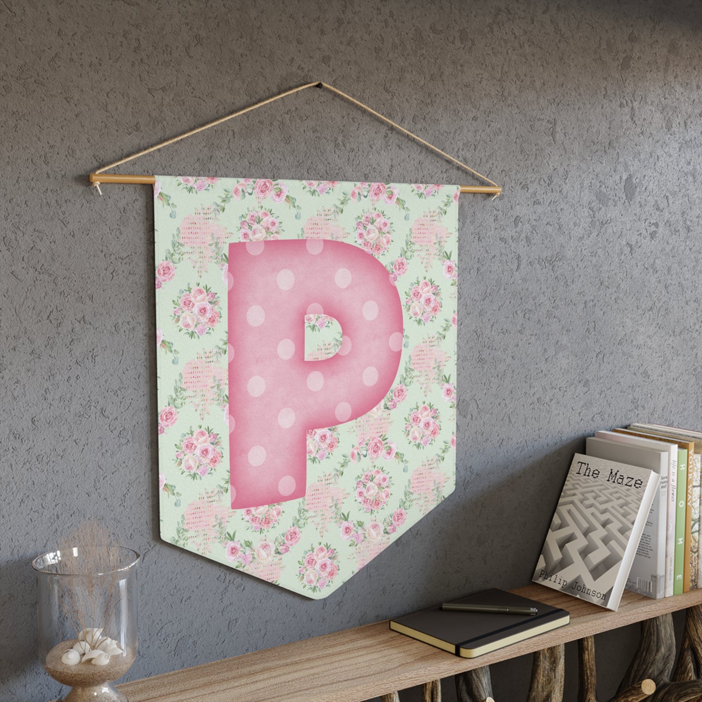 Coquette Pink & White Rose Personalized Initial or Monogram Pennant