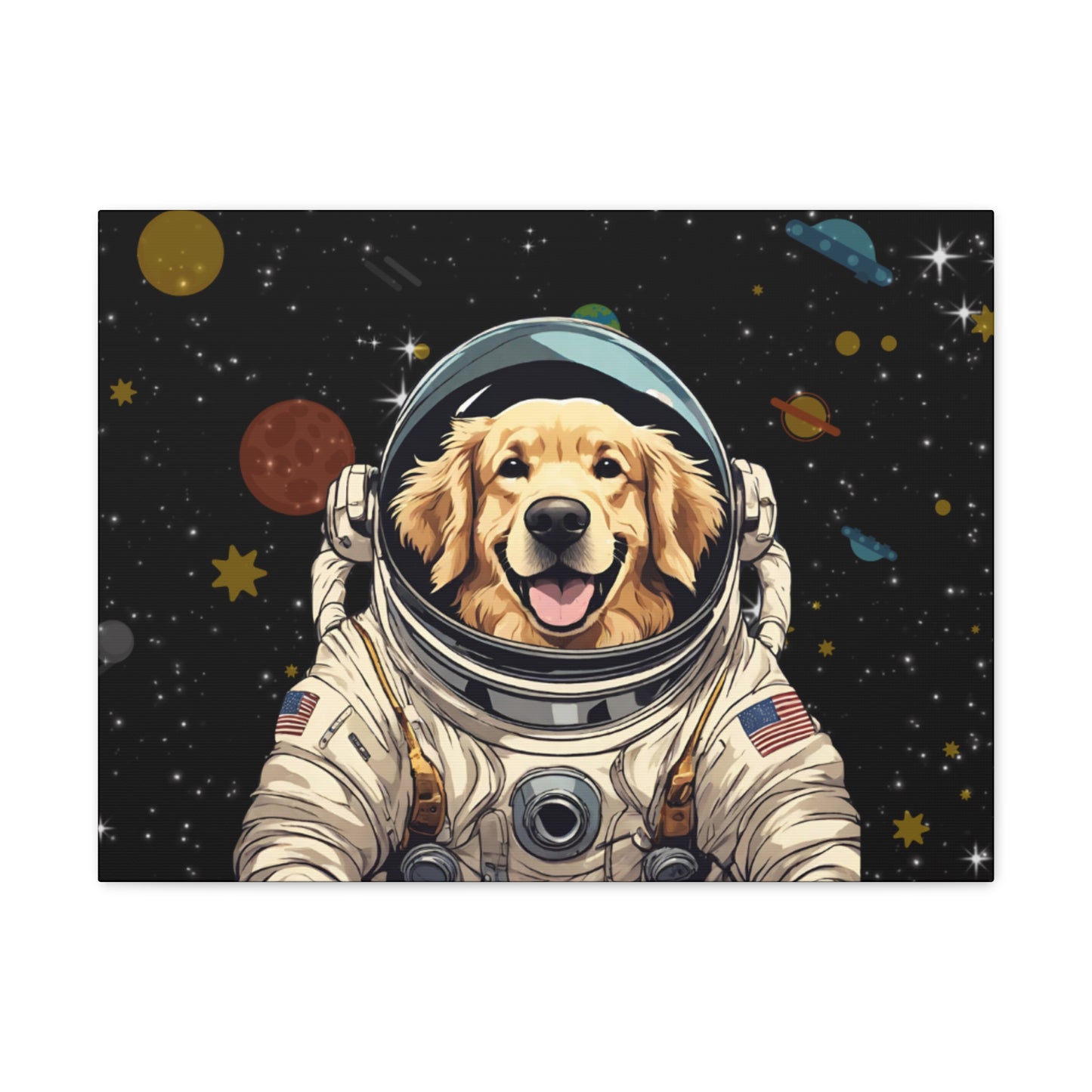Golden Retriever Astronaut Puppy Dog in Space Canvas Wrapped Art Multiple Sizes
