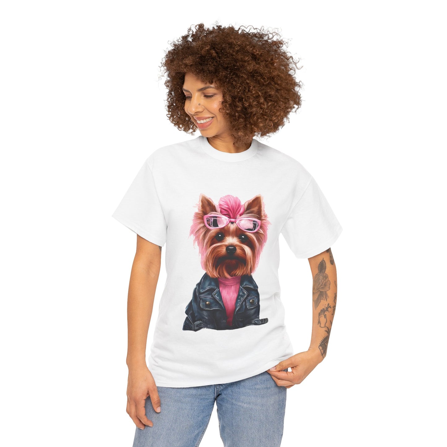 Preppy Pink Biker Yorkie Puppy Women's Plus Cotton Short Sleeved Tee Size xl-5xl