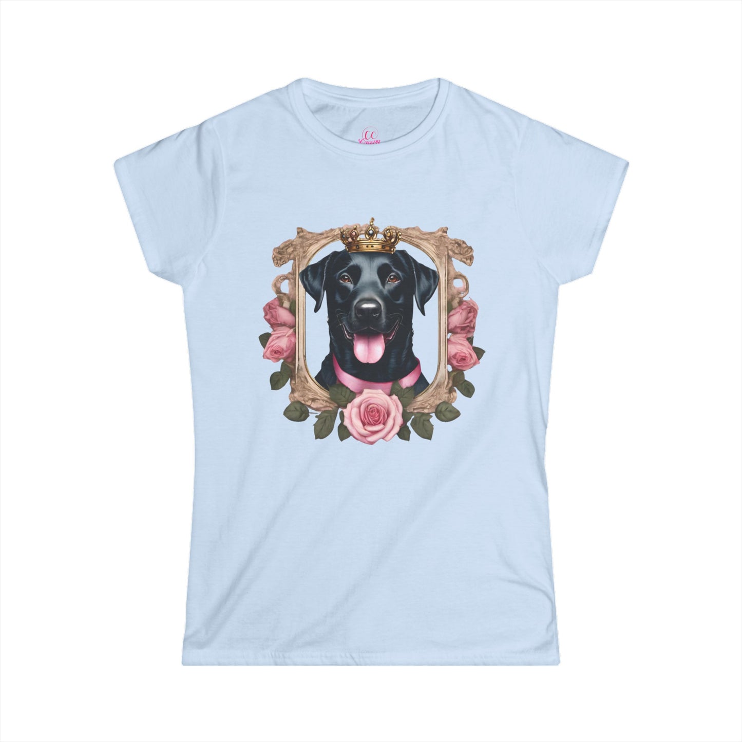 Coquette Pink Rose Smiling Black Labrador Prince Princess Puppy Dog Women's Softstyle Short Sleeved Tee Size S-2xl