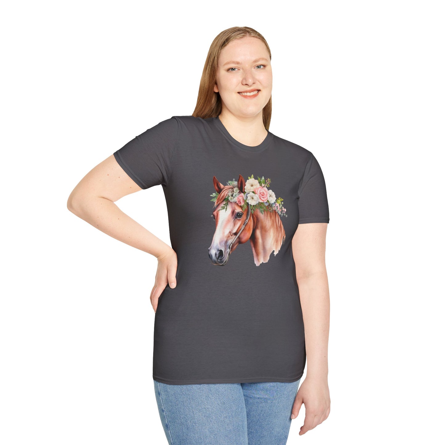 Pink Rose Flower Horse Princess Women's Plus Cotton Short Sleeved Tee Size xl-5xl