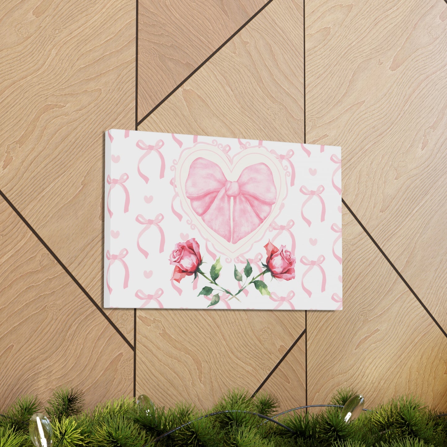 Pink & White Coquette Heart Bow with Rose Wrapped Gallery Canvas Art - Multiple Sizes