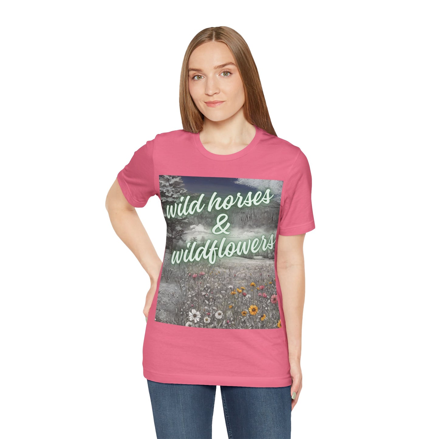 Wild Horses & Wildflowers Country Cowgirl Women's Jersey Short Sleeved Tee Size S-2xl