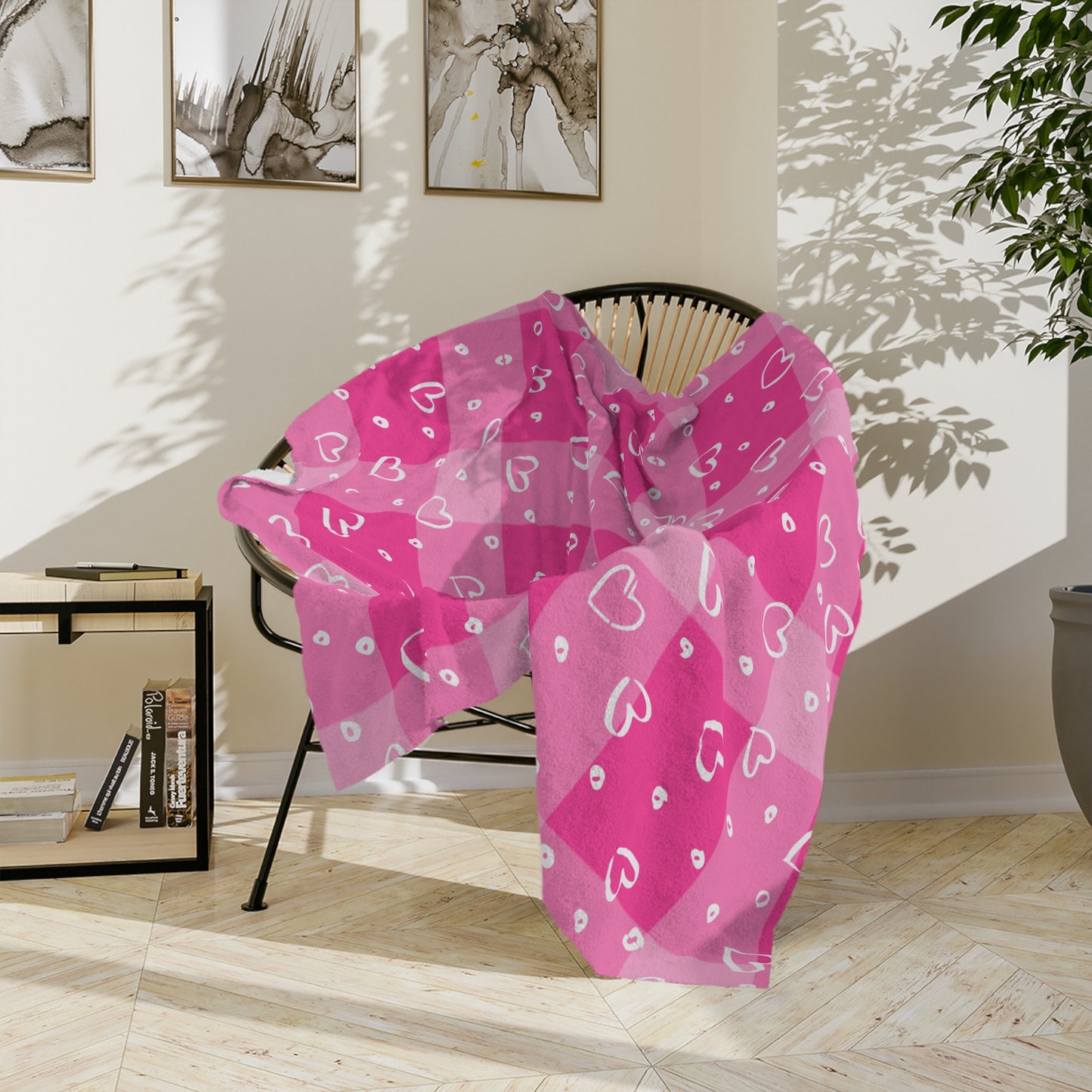 Pink & White Plaid Heart Patterned Velveteen Microfiber Throw Blanket Multiple Sizes