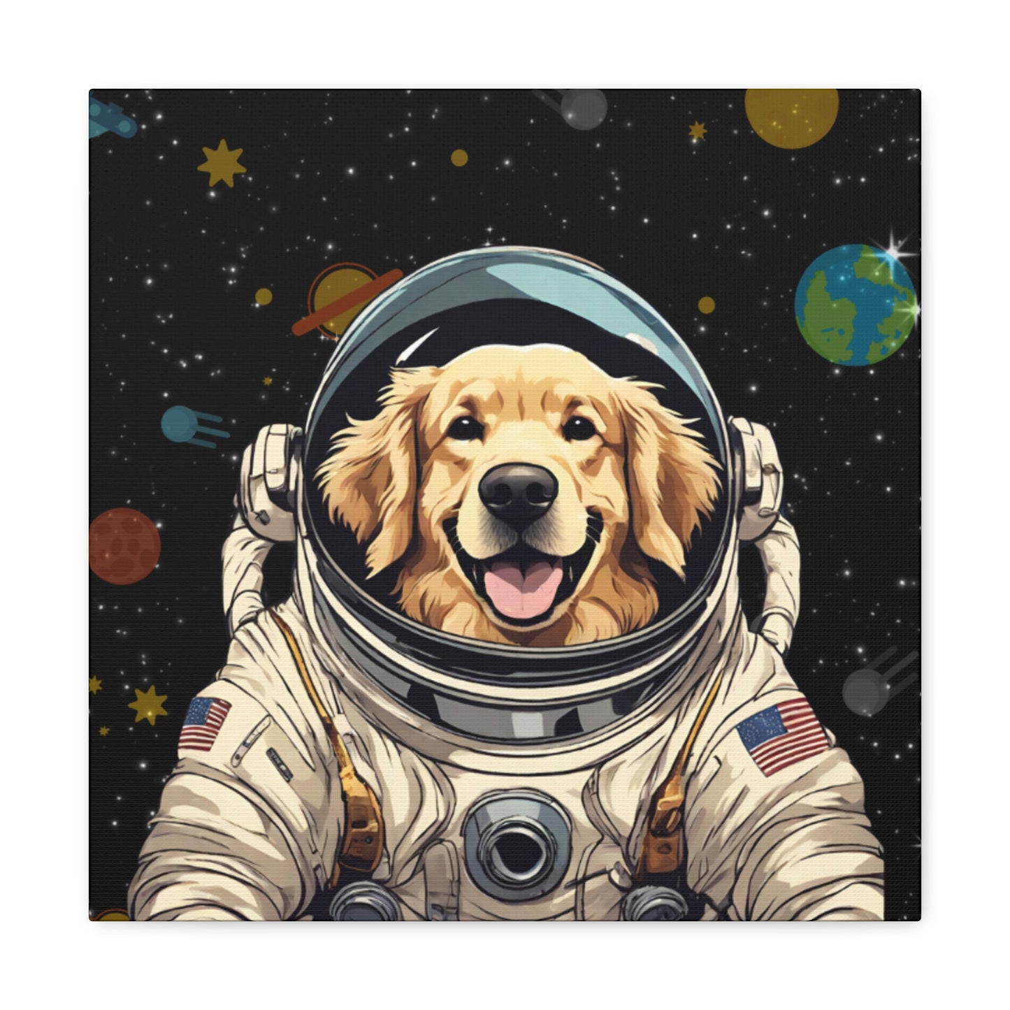 Golden Retriever Astronaut Puppy Dog in Space Canvas Wrapped Art Multiple Sizes