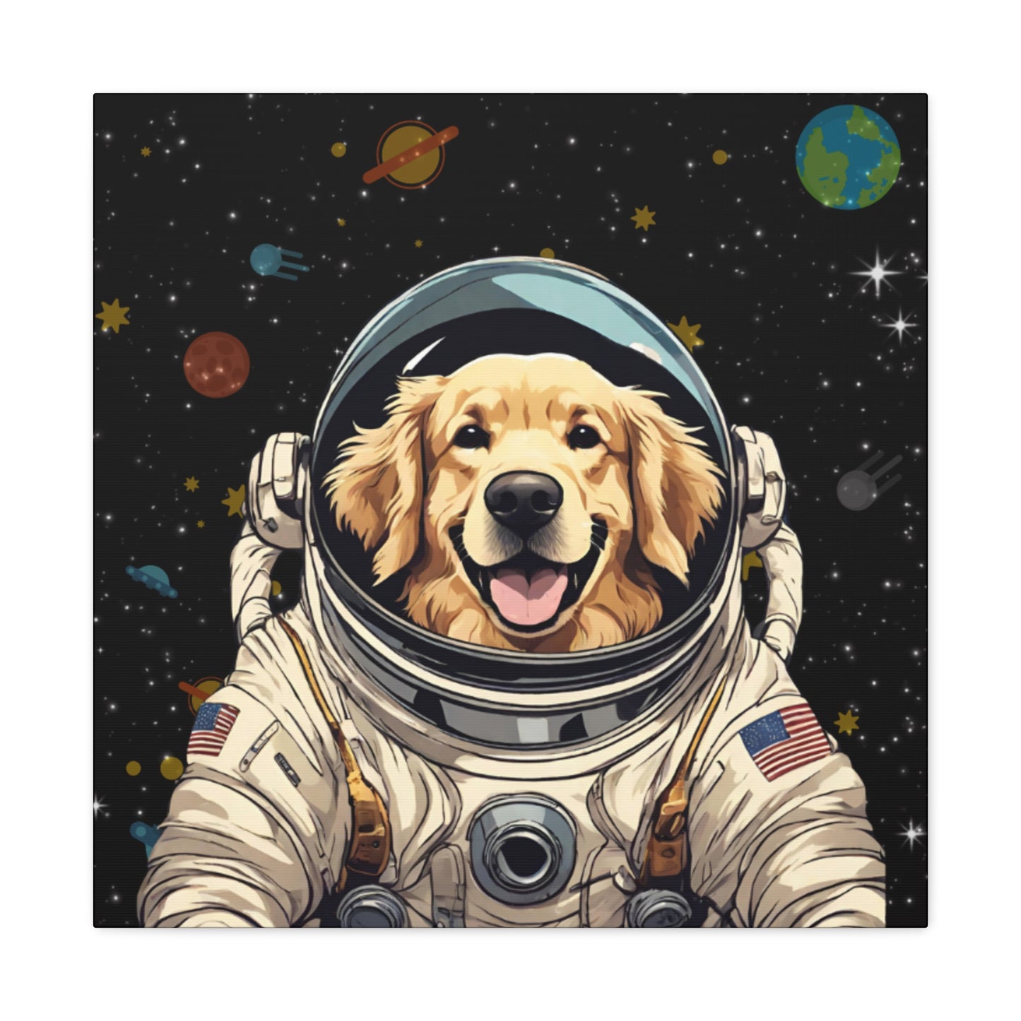 Golden Retriever Astronaut Puppy Dog in Space Canvas Wrapped Art Multiple Sizes