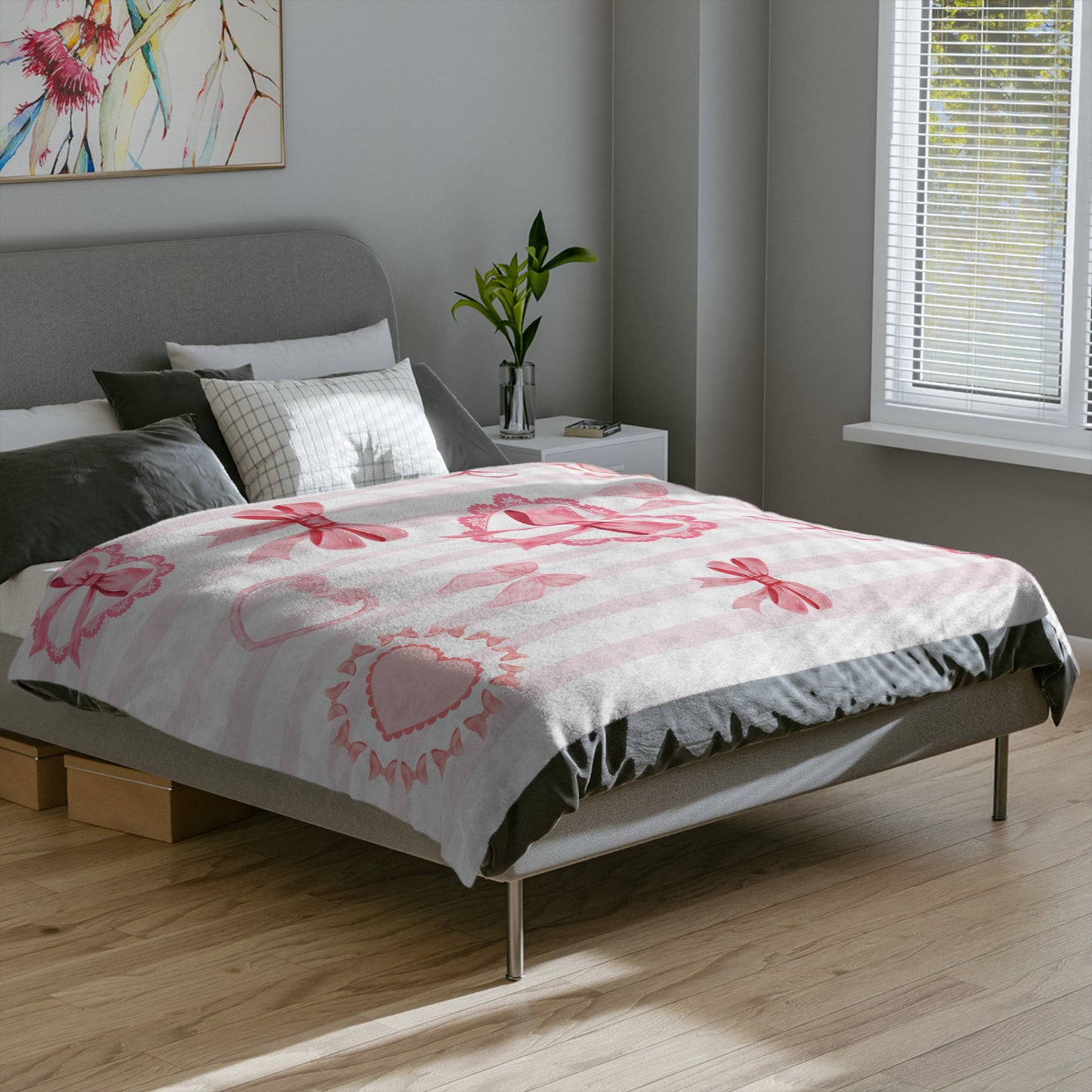 Love Coquette Pink & White Bow Hearts Microfiber Cozy Soft Blanket Multiple Sizes