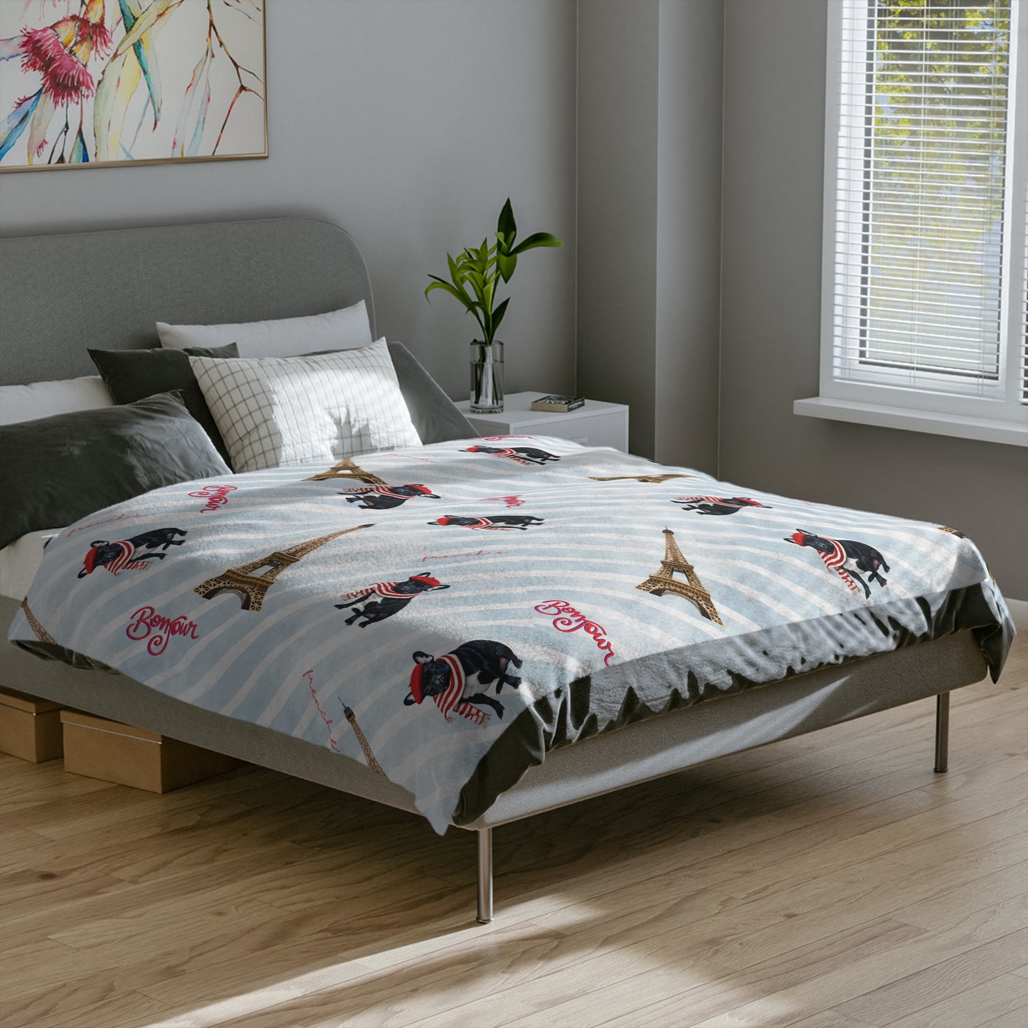 Bonjour! Frenchie French Bulldog Blue & White Velveteen Microfiber Throw Blanket Multiple Sizes