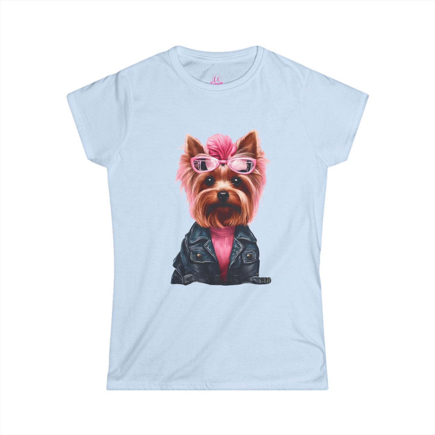 Preppy Pink Biker Yorkie Puppy Women's Softstyle Short Sleeved Tee Size S-2xl