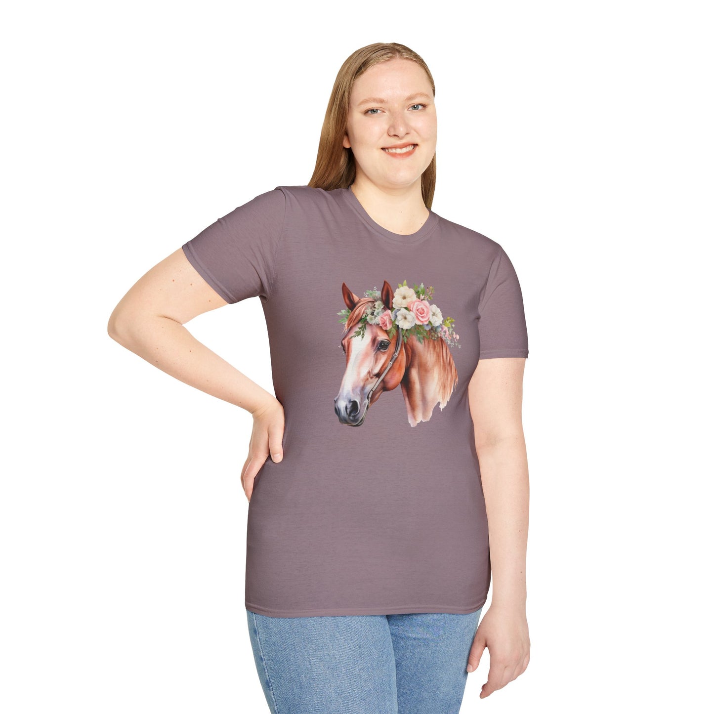 Pink Rose Flower Horse Princess Women's Plus Cotton Short Sleeved Tee Size xl-5xl