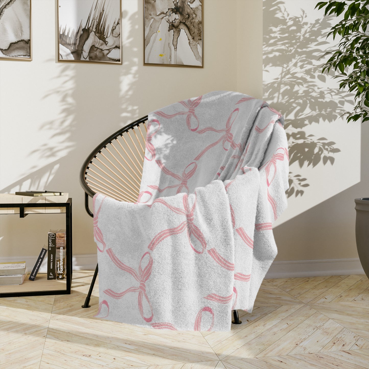 Coquette Pink Bow and Ribbon White Microfiber Blanket Multiple Sizes