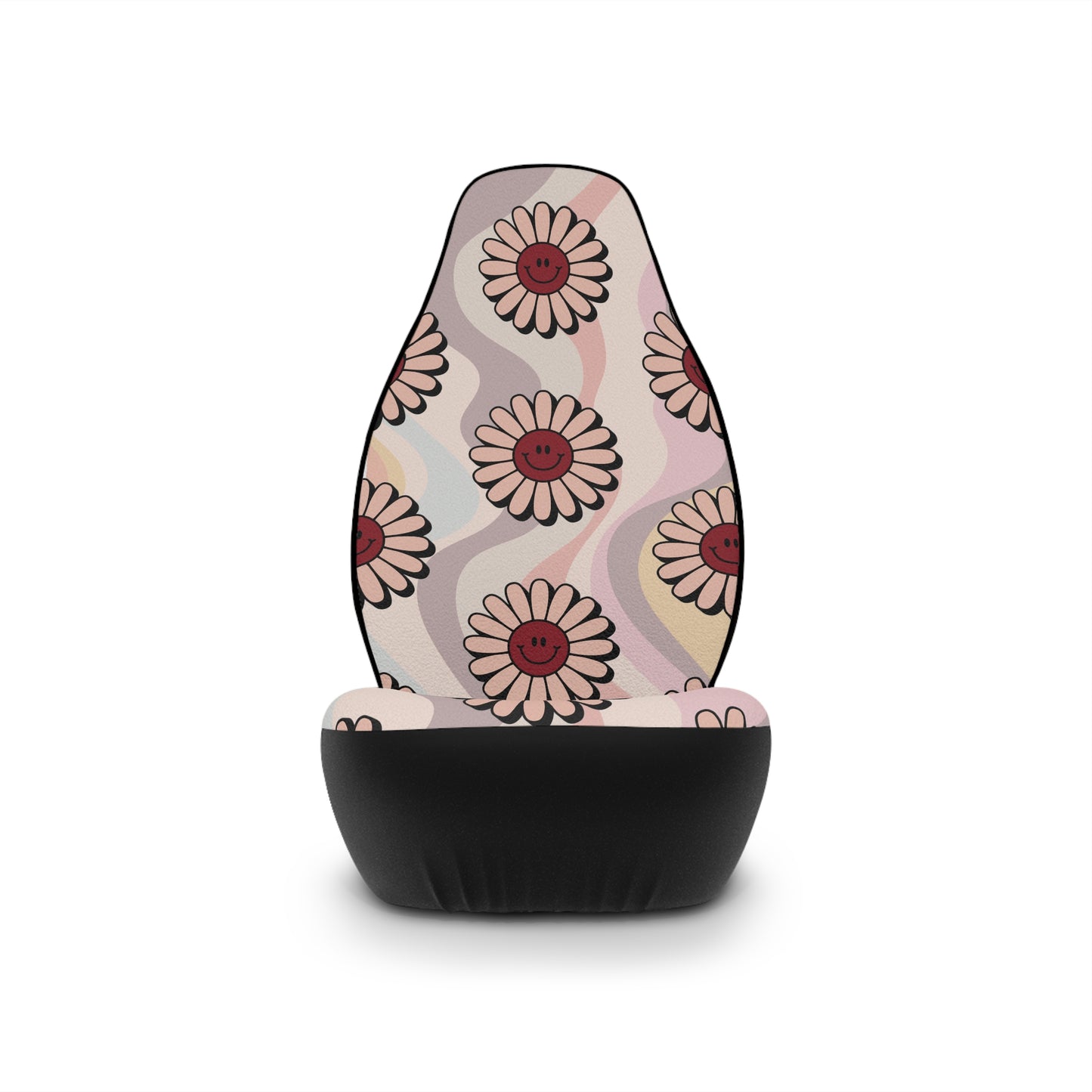 Pink & Maroon Red Smiley Daisy Flower 60's Print Car Seat Covers