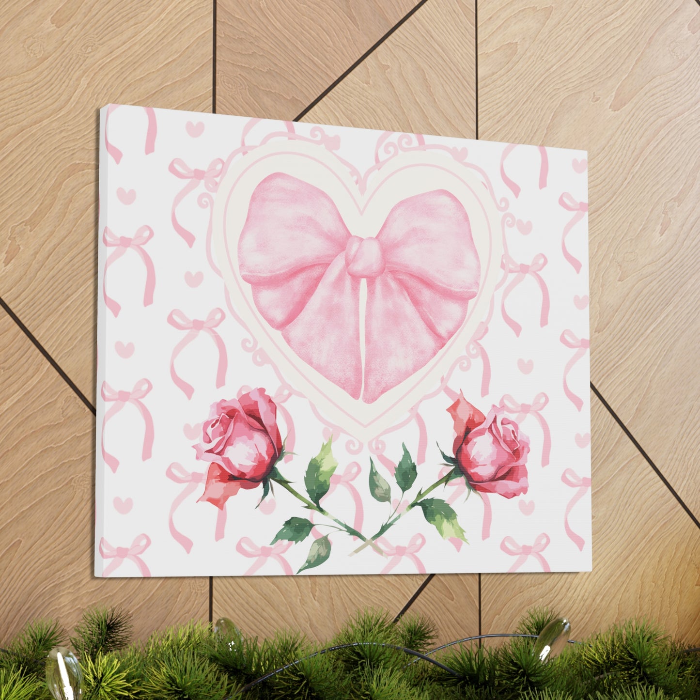 Pink & White Coquette Heart Bow with Rose Wrapped Gallery Canvas Art - Multiple Sizes