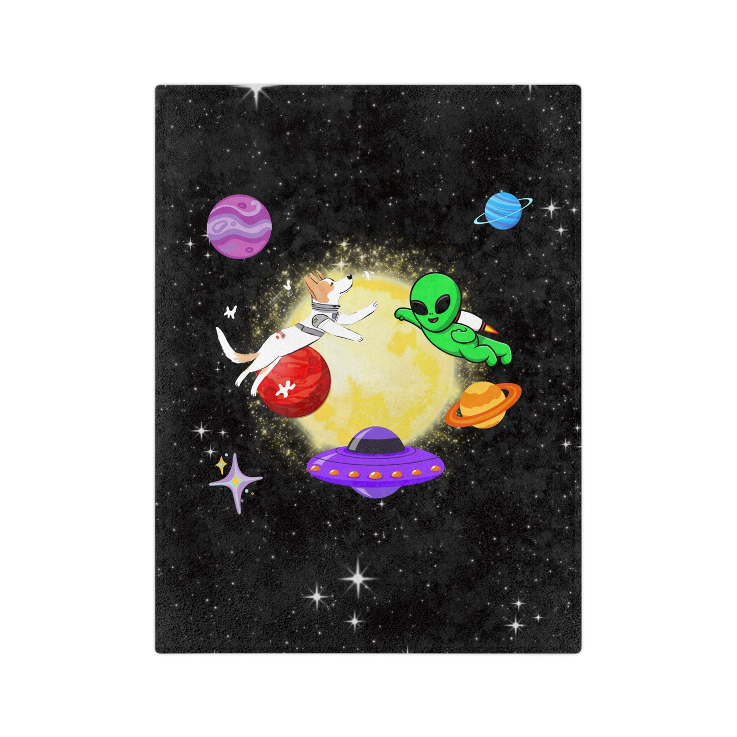 Pupelangelo Dog Astronaut & Alien Meet in Space Patterned Velveteen Microfiber Throw Blanket Multiple Sizes