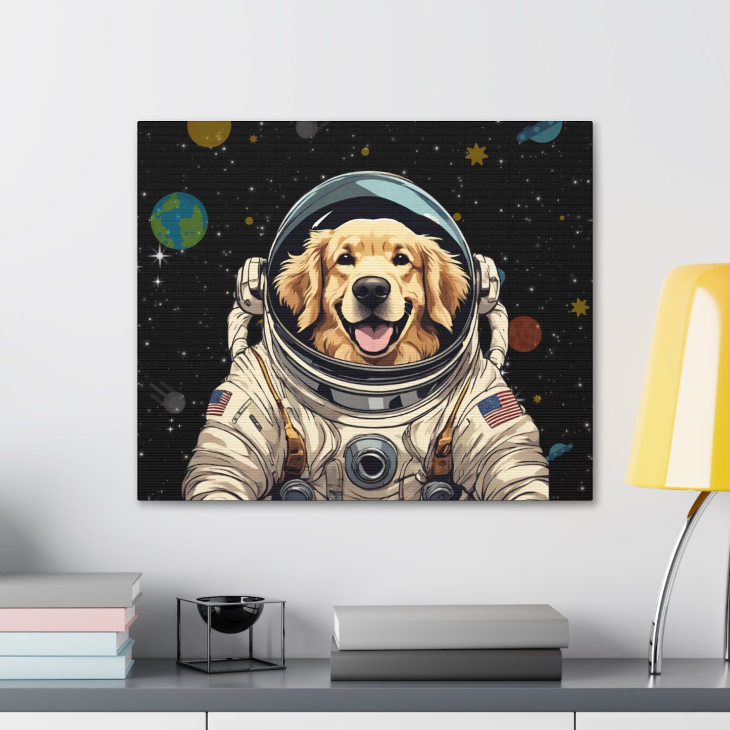 Golden Retriever Astronaut Puppy Dog in Space Canvas Wrapped Art Multiple Sizes