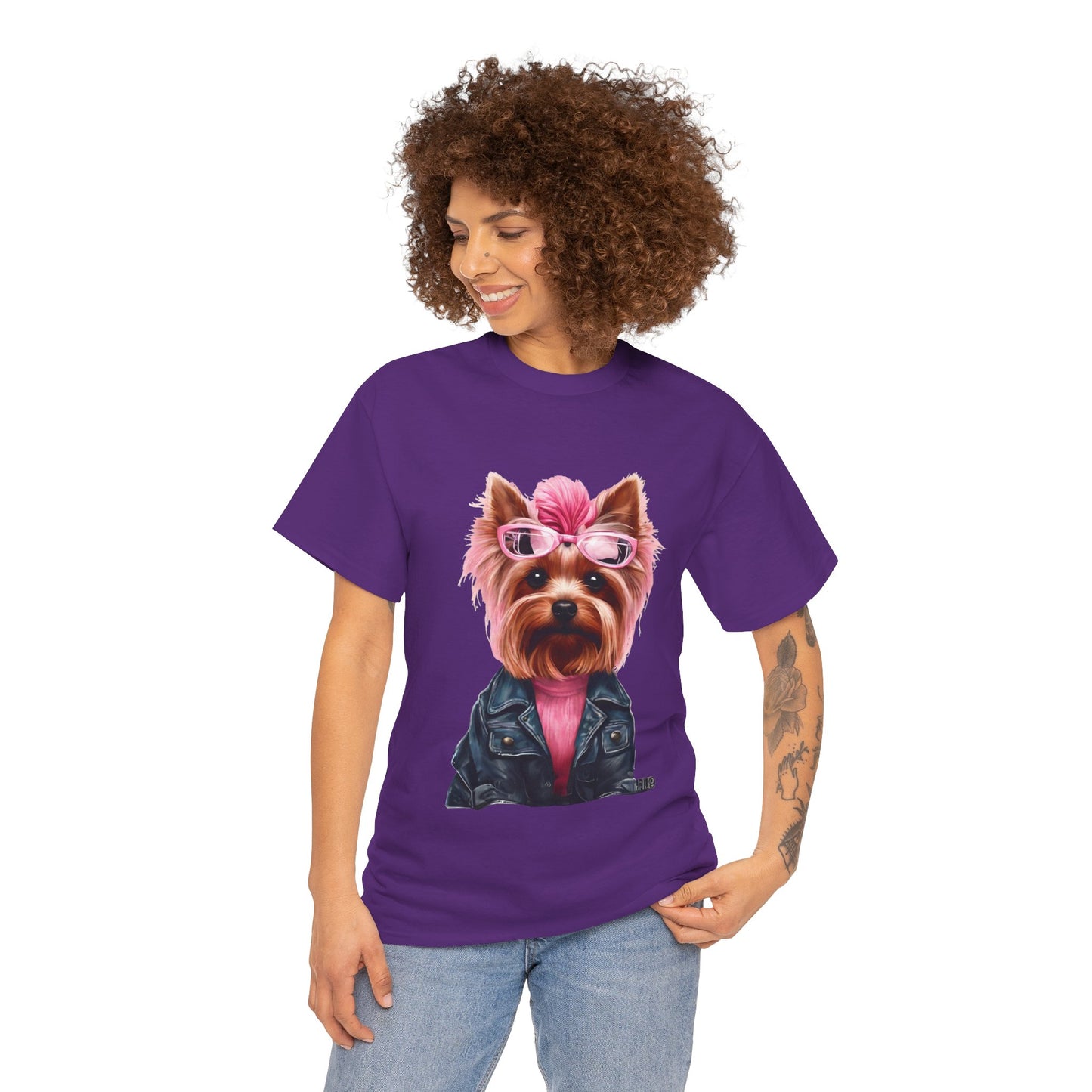 Preppy Pink Biker Yorkie Puppy Women's Plus Cotton Short Sleeved Tee Size xl-5xl