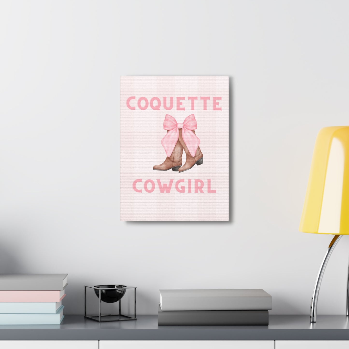 Pink Coquette Cowgirl Bow and Boots Patterned Canvas Wrapped Art Multiple Sizes