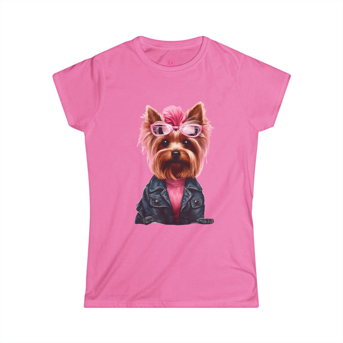 Preppy Pink Biker Yorkie Puppy Women's Softstyle Short Sleeved Tee Size S-2xl