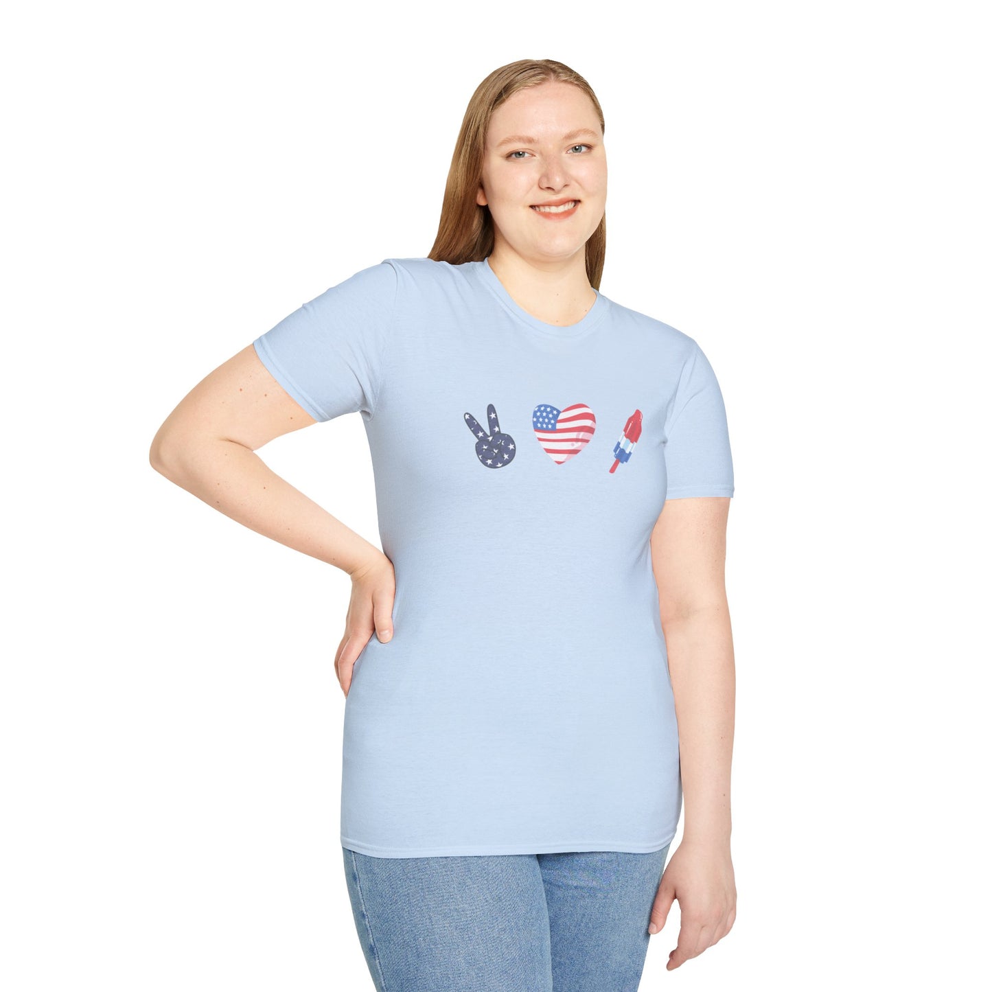 USA Peace Love Red, White & Blue 4th Women's Softstyle Plus Short Sleeve T-Shirt Sizes xl-5xl